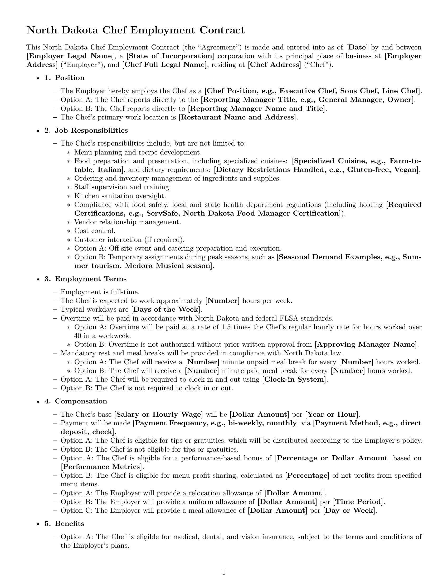 Preview page 1 of Free North Dakota chef employment contract template