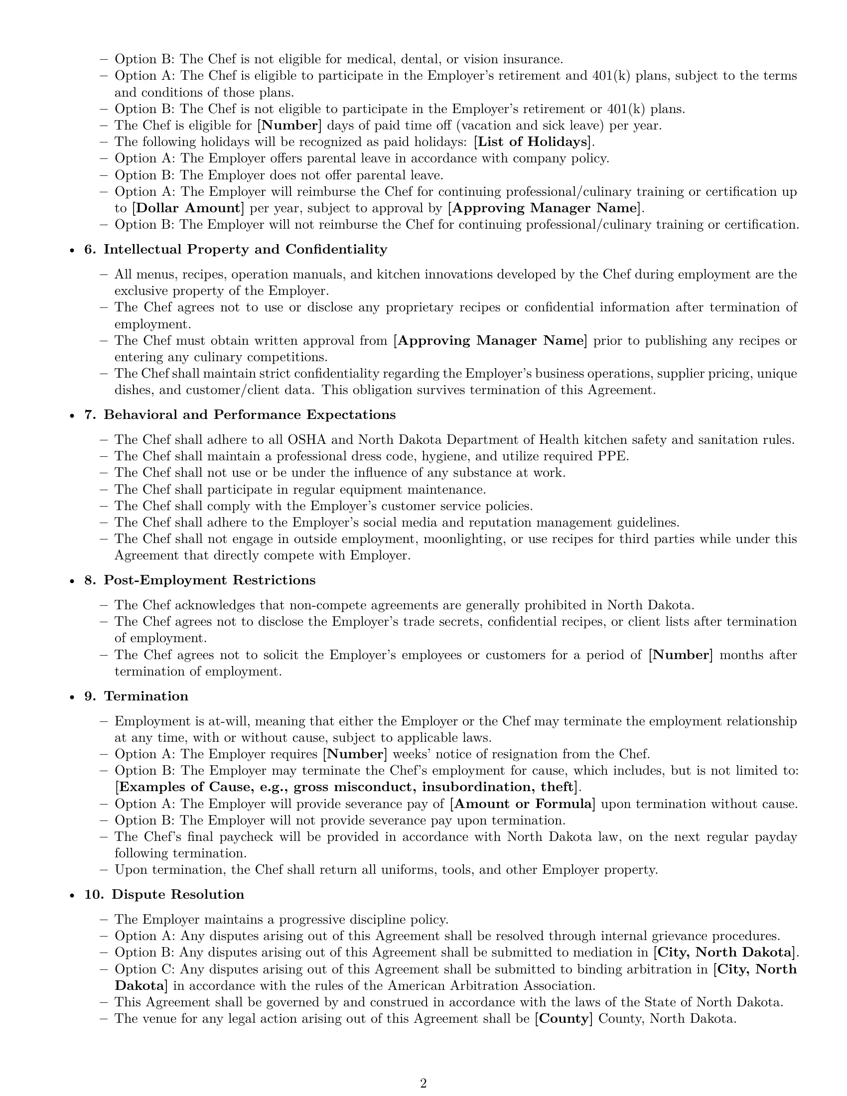 Preview page 2 of Free North Dakota chef employment contract template