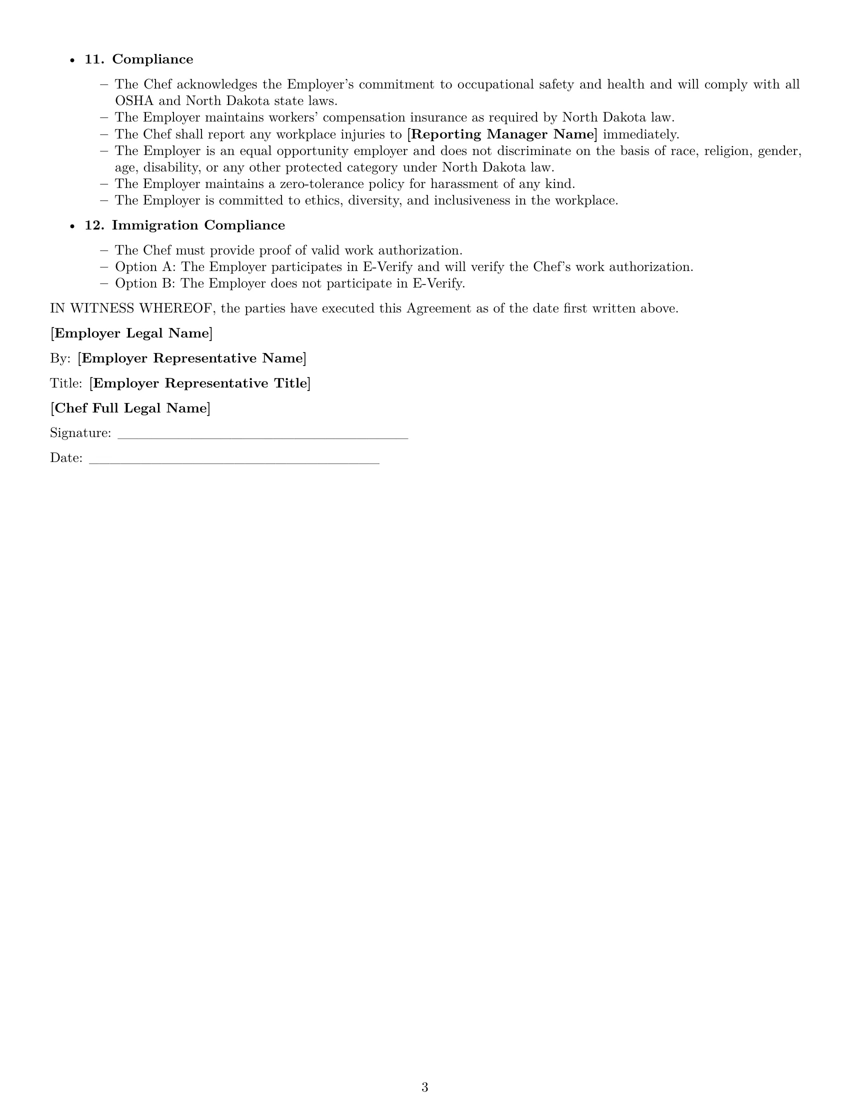 Preview page 3 of Free North Dakota chef employment contract template