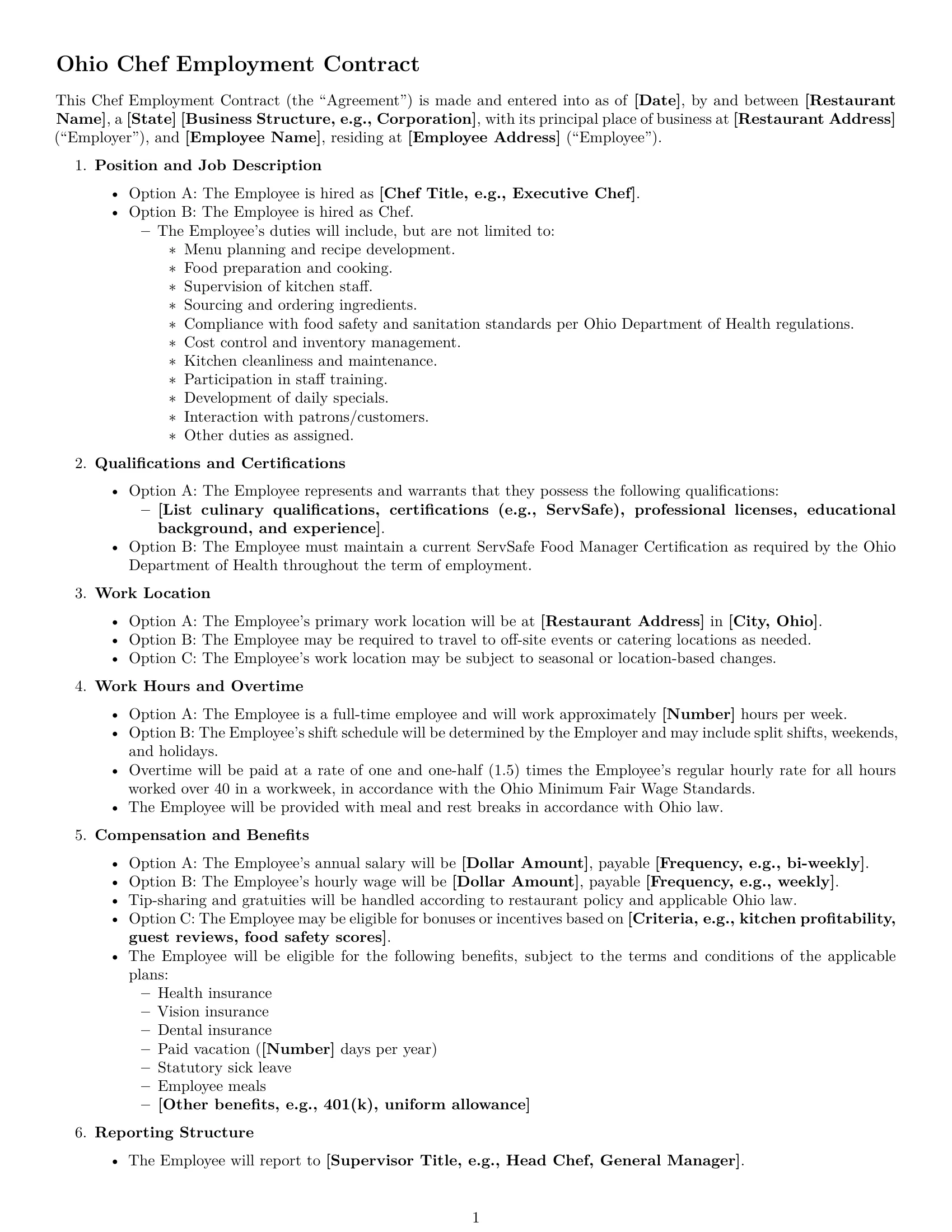 Preview page 1 of Free Ohio chef employment contract template