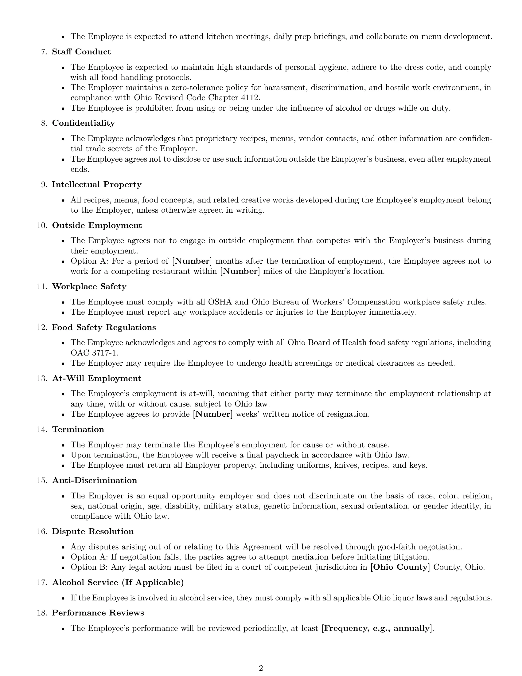 Preview page 2 of Free Ohio chef employment contract template
