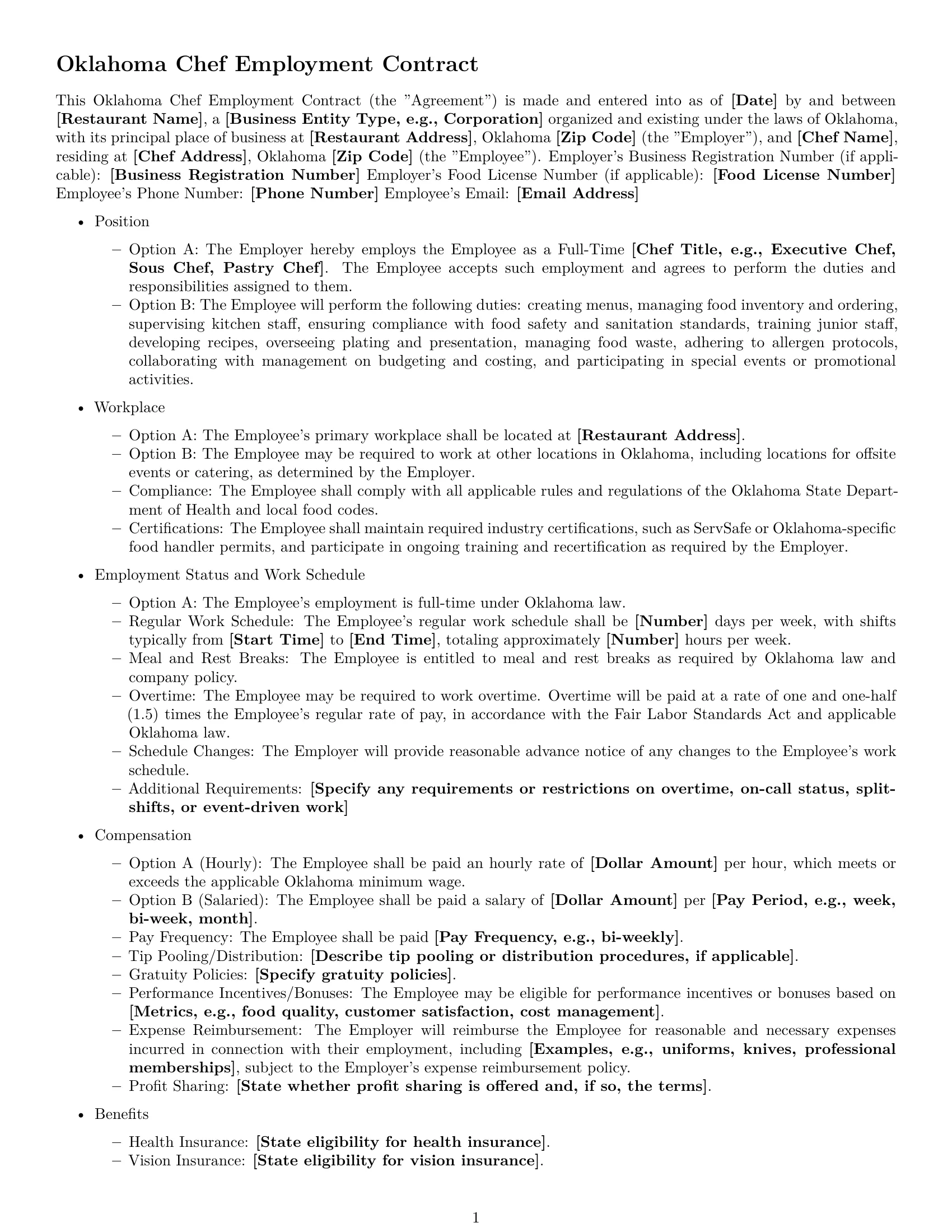 Preview page 1 of Free Oklahoma chef employment contract template