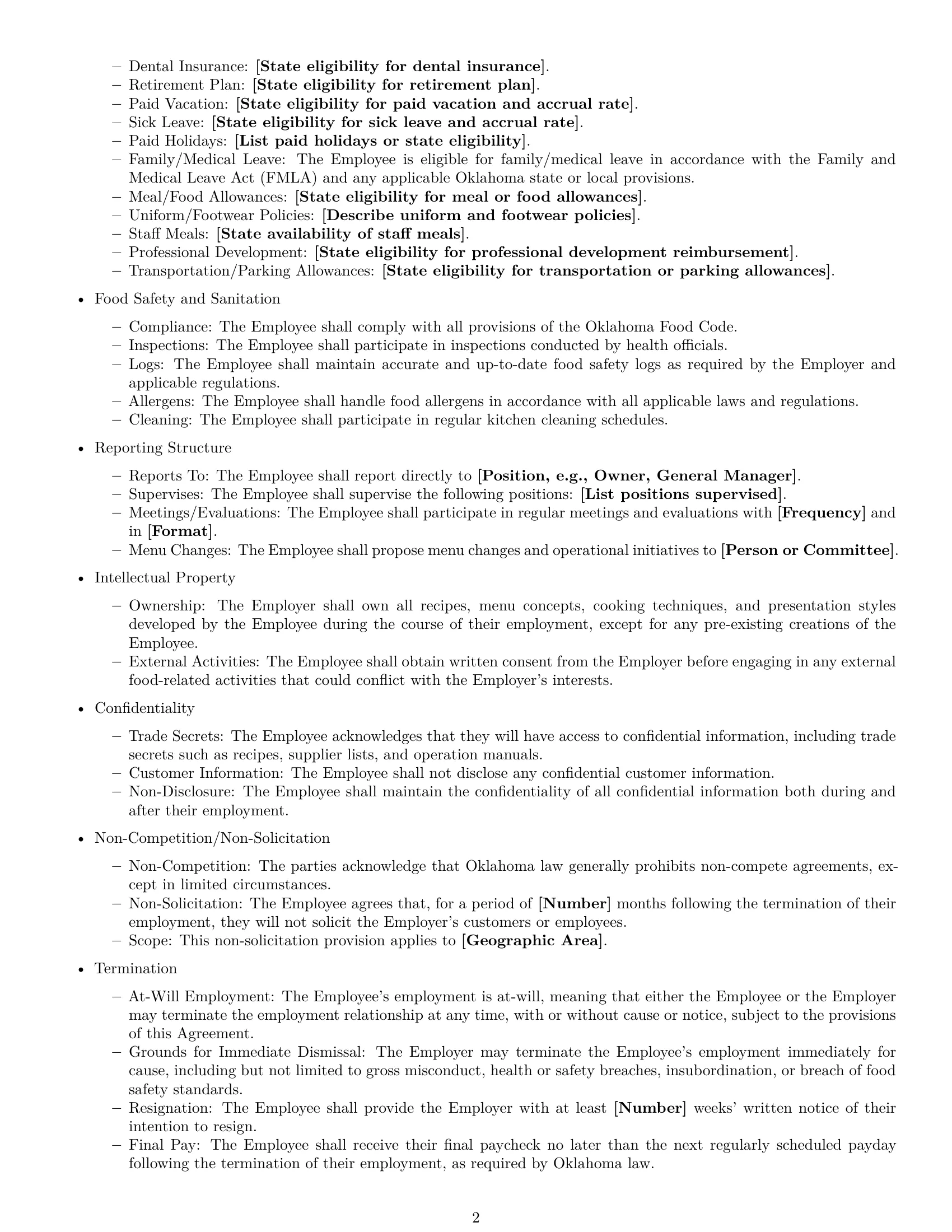 Preview page 2 of Free Oklahoma chef employment contract template