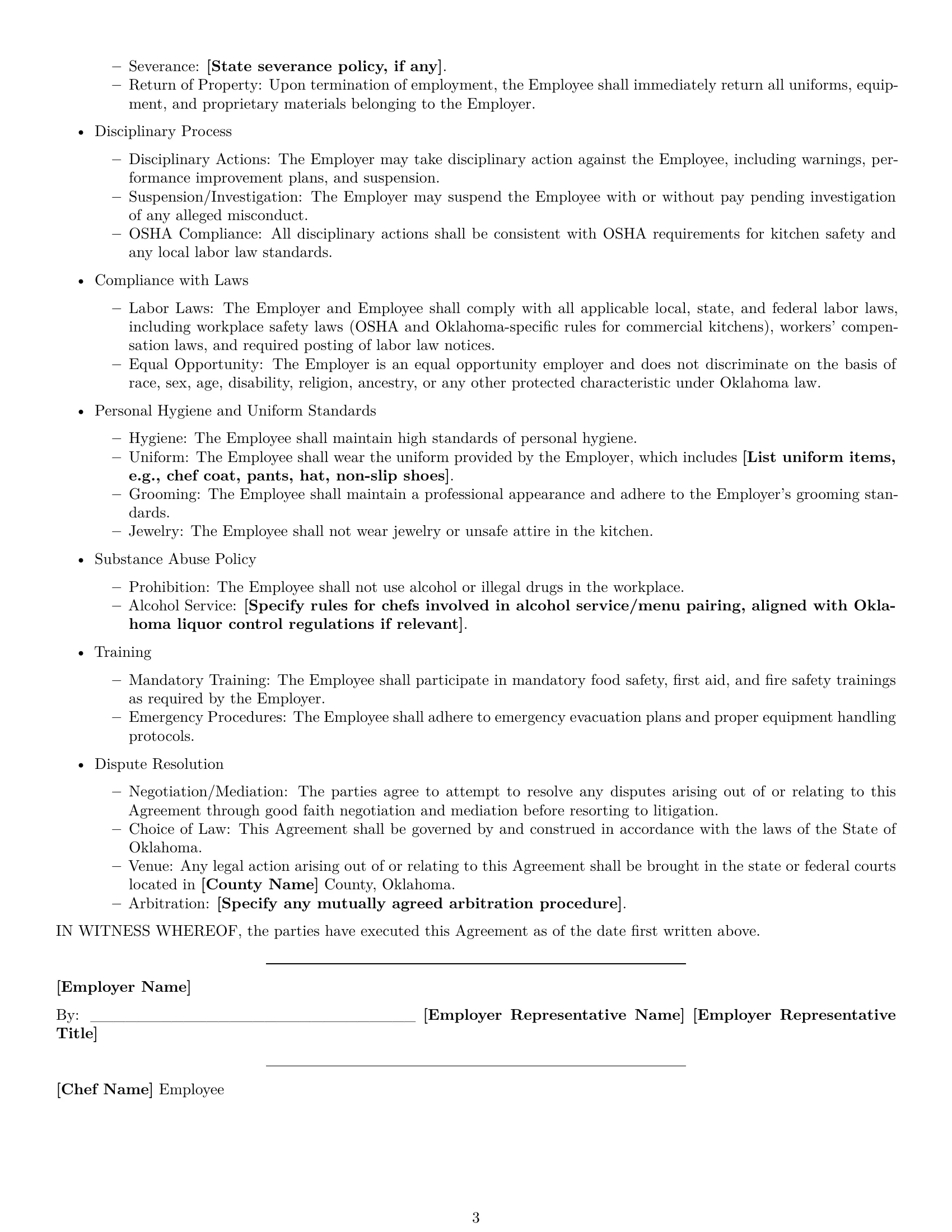 Preview page 3 of Free Oklahoma chef employment contract template