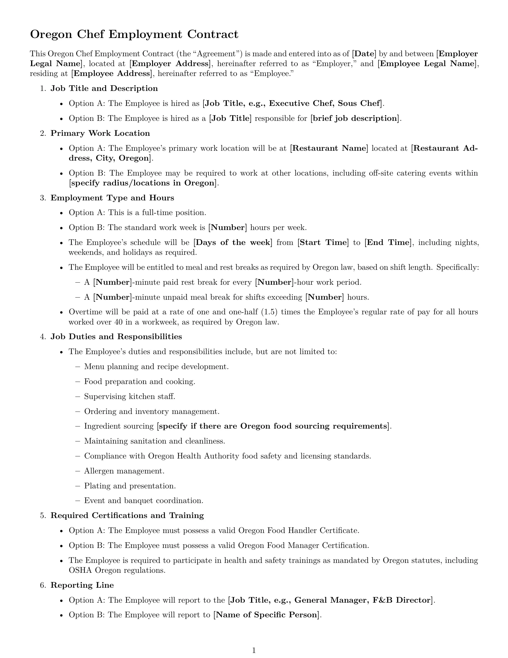 Preview page 1 of Free Oregon chef employment contract template