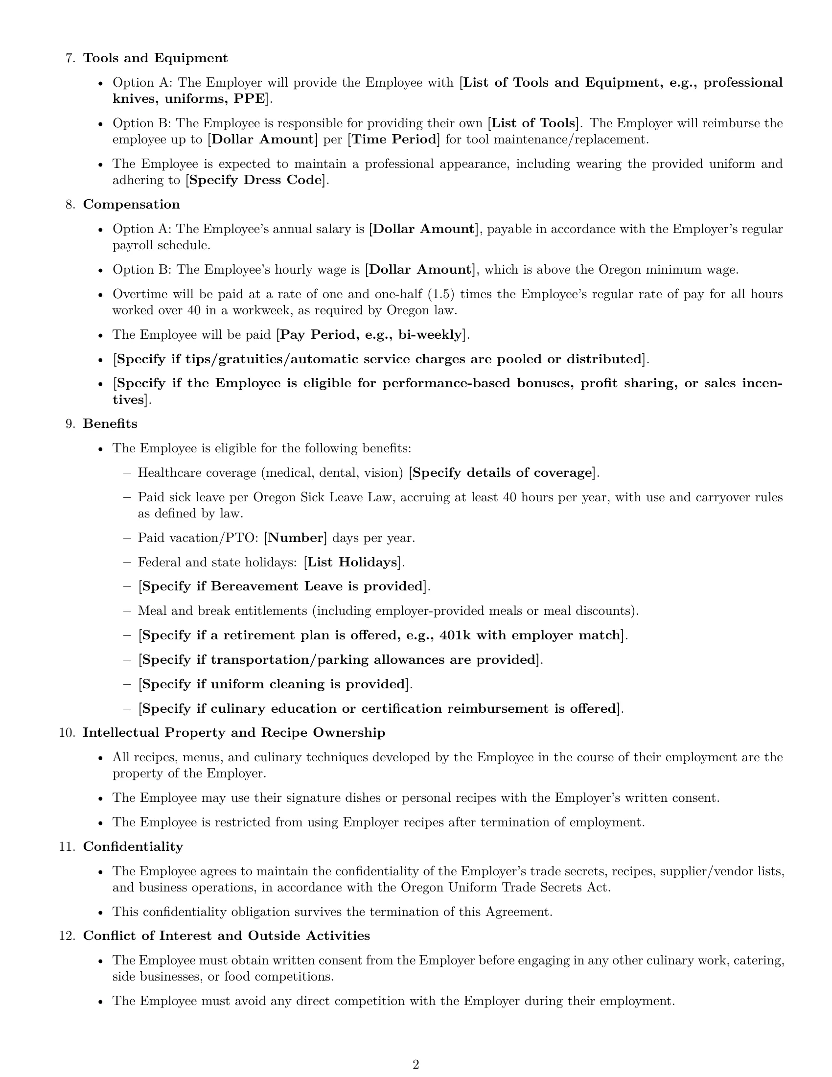Preview page 2 of Free Oregon chef employment contract template