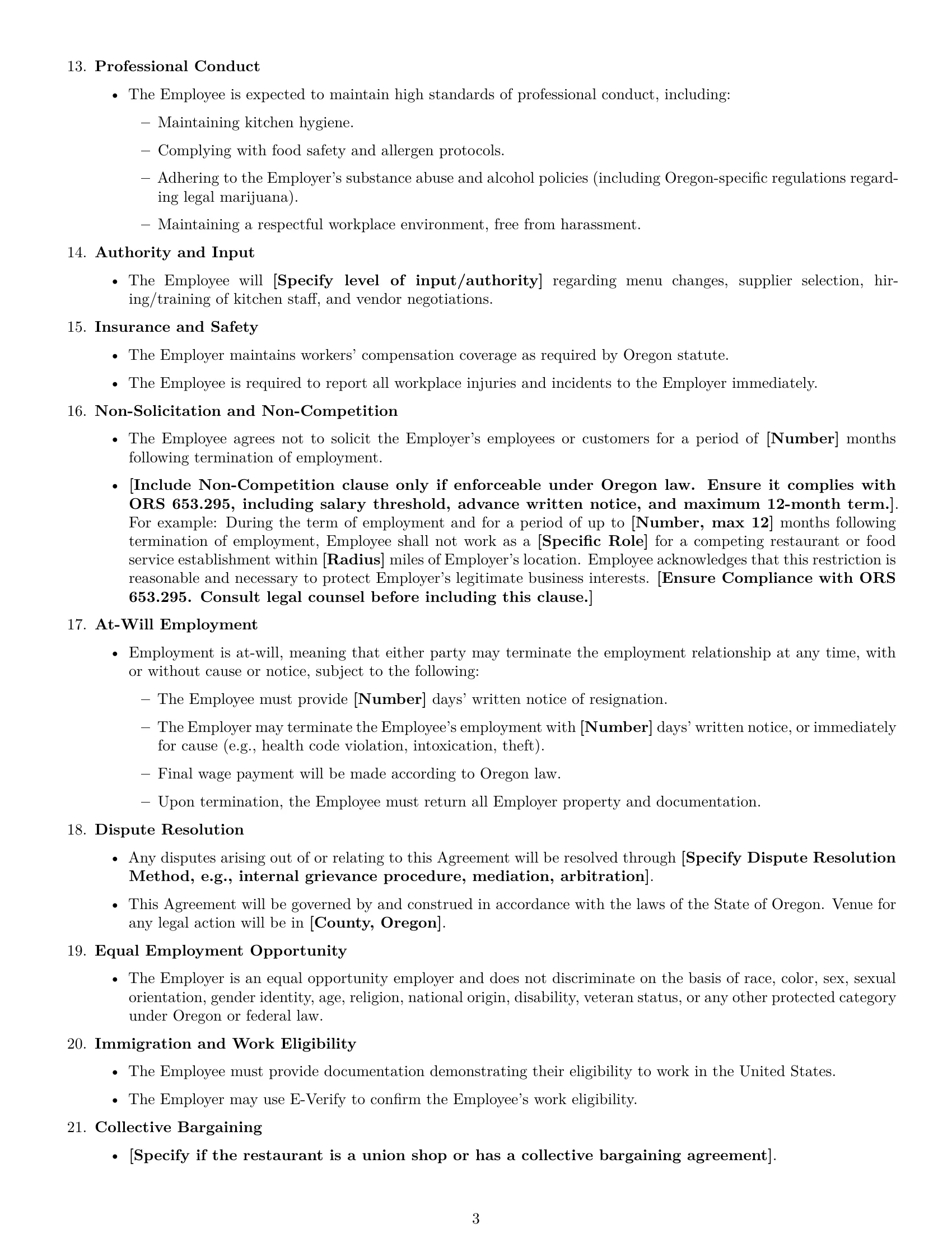 Preview page 3 of Free Oregon chef employment contract template