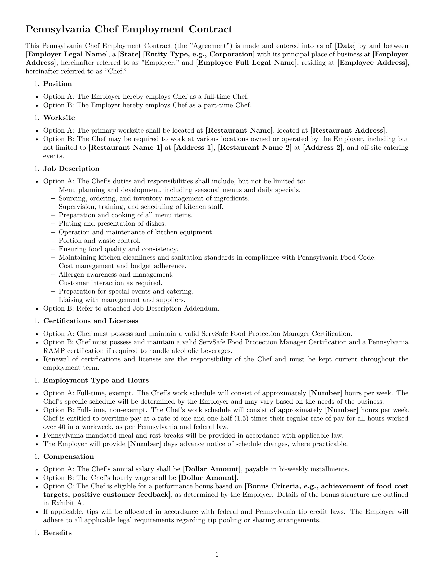 Preview page 1 of Free Pennsylvania chef employment contract template
