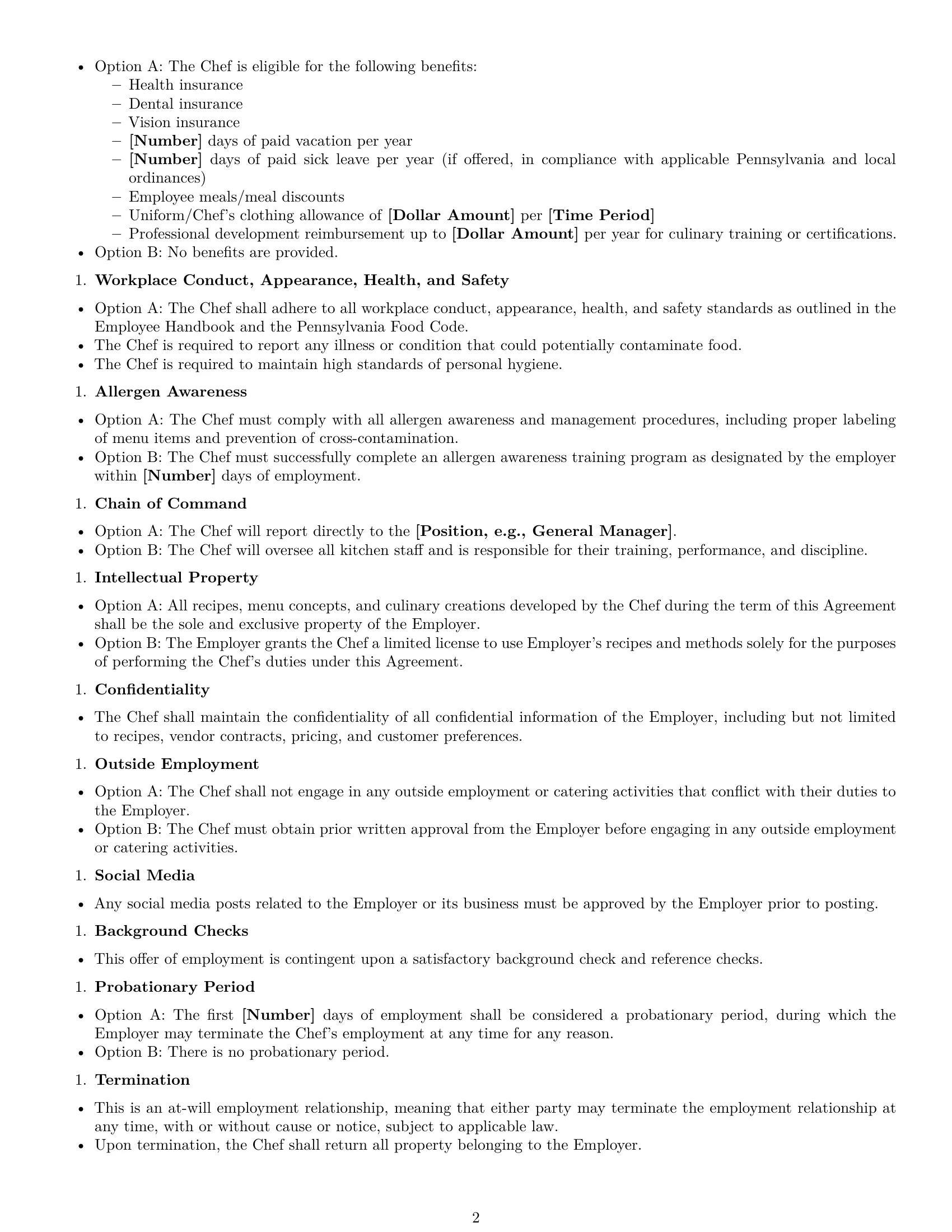Preview page 2 of Free Pennsylvania chef employment contract template