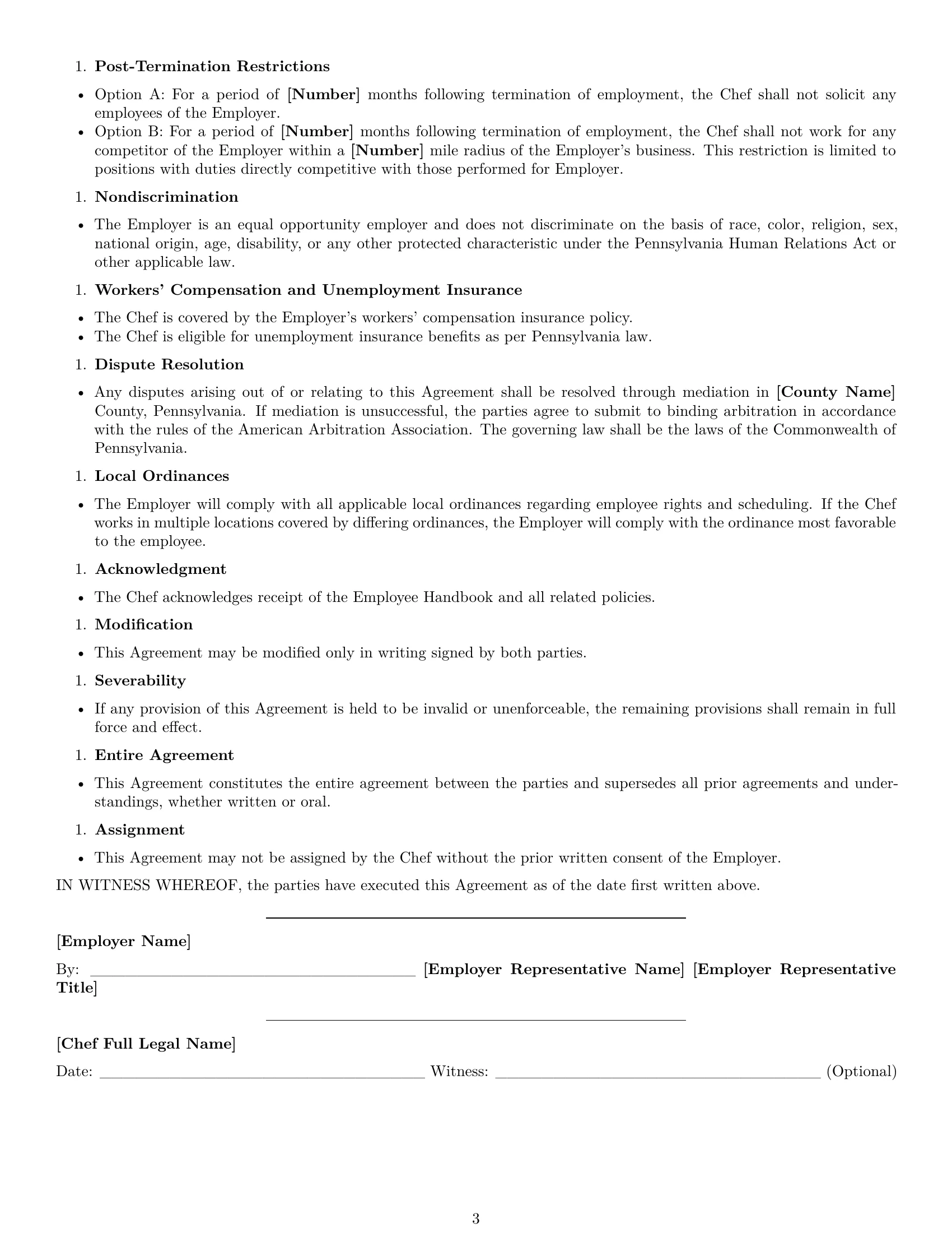 Preview page 3 of Free Pennsylvania chef employment contract template