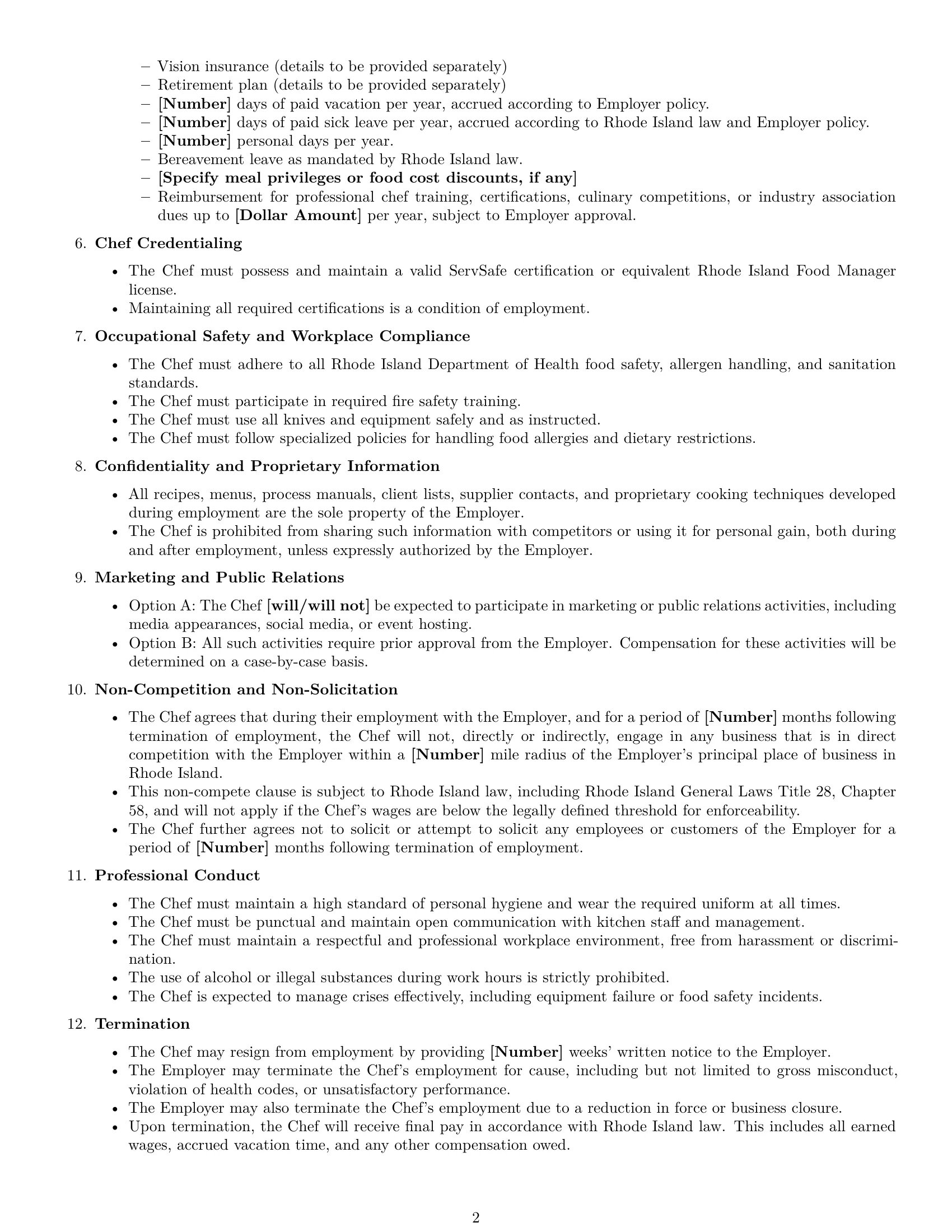 Preview page 2 of Free Rhode Island chef employment contract template