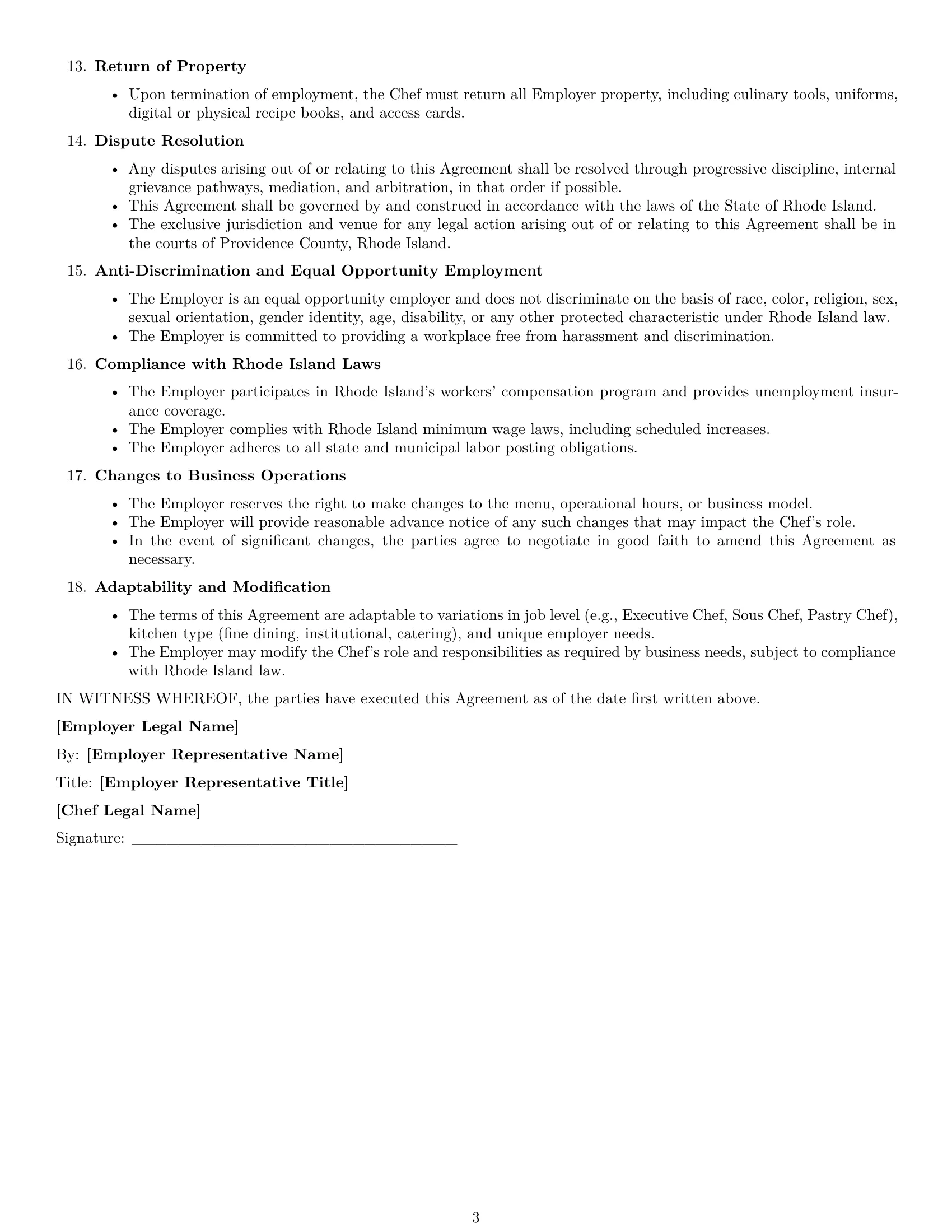 Preview page 3 of Free Rhode Island chef employment contract template