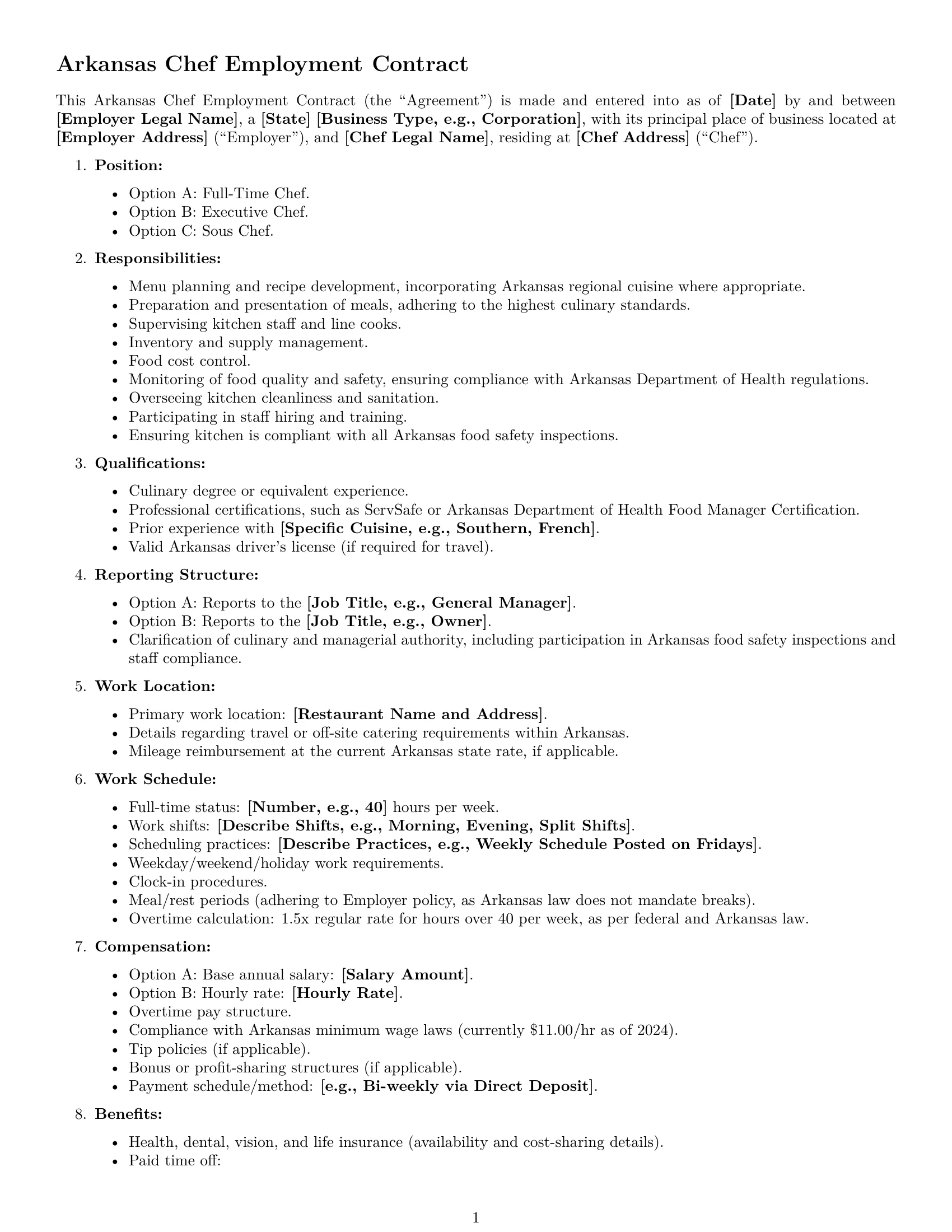 Preview page 1 of Free Arkansas chef employment contract template