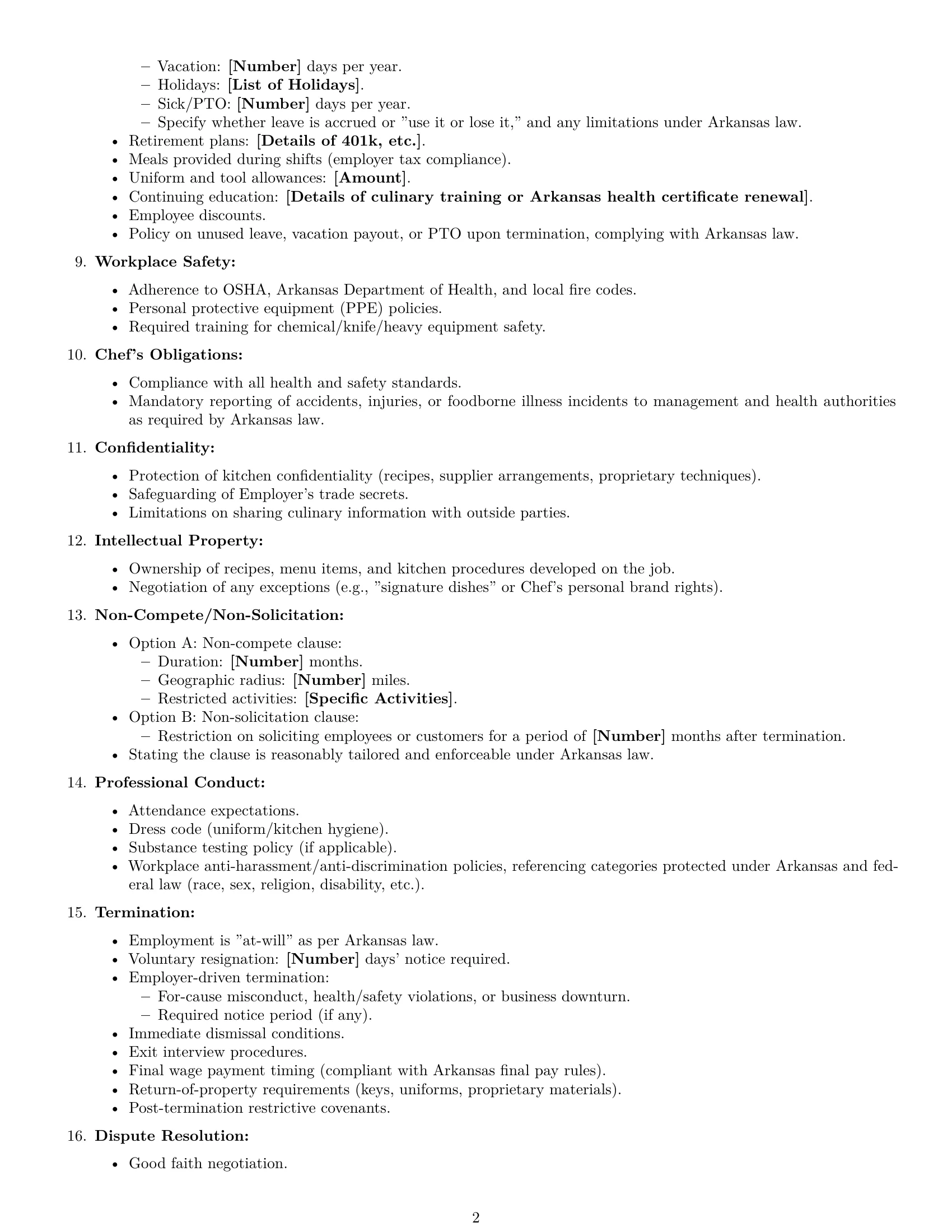 Preview page 2 of Free Arkansas chef employment contract template