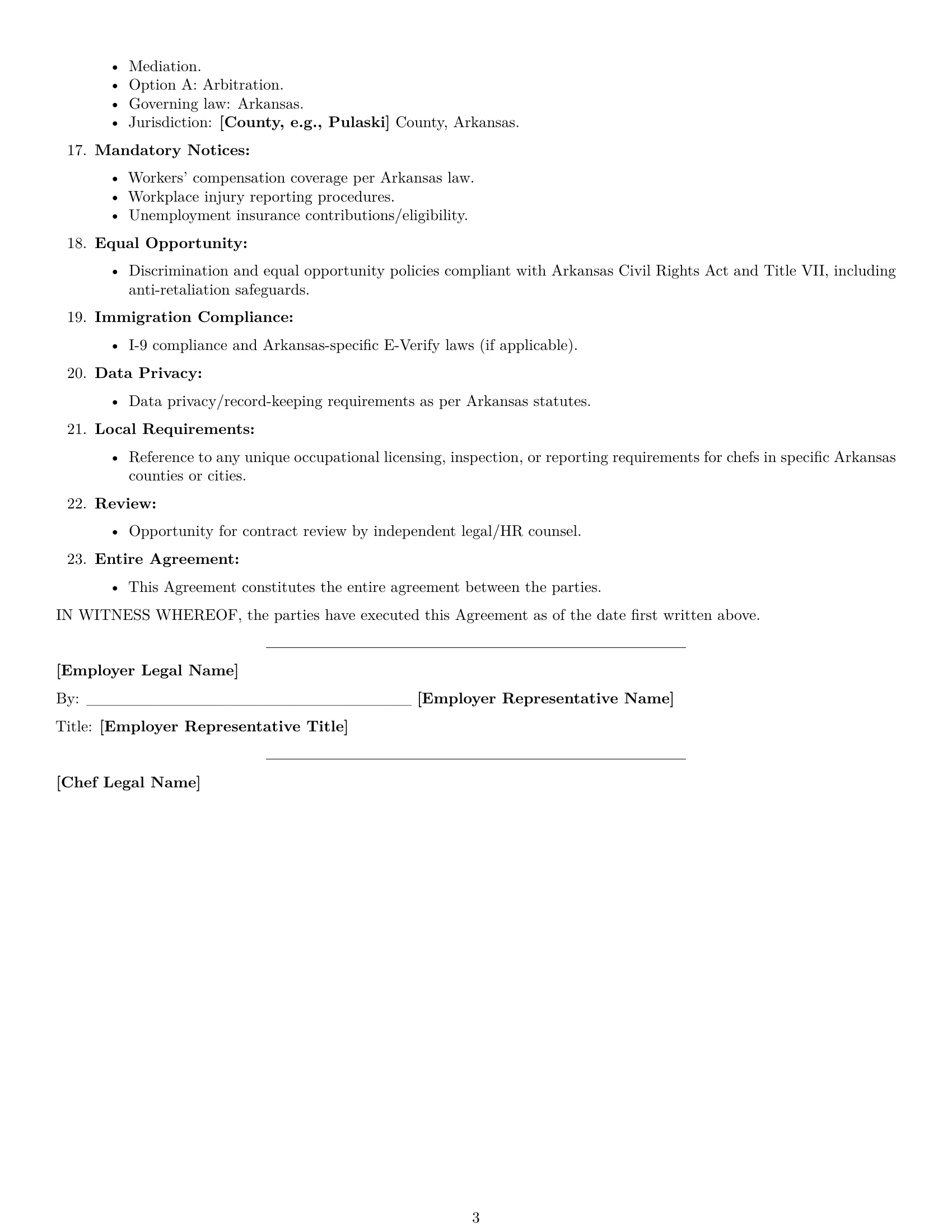 Preview page 3 of Free Arkansas chef employment contract template