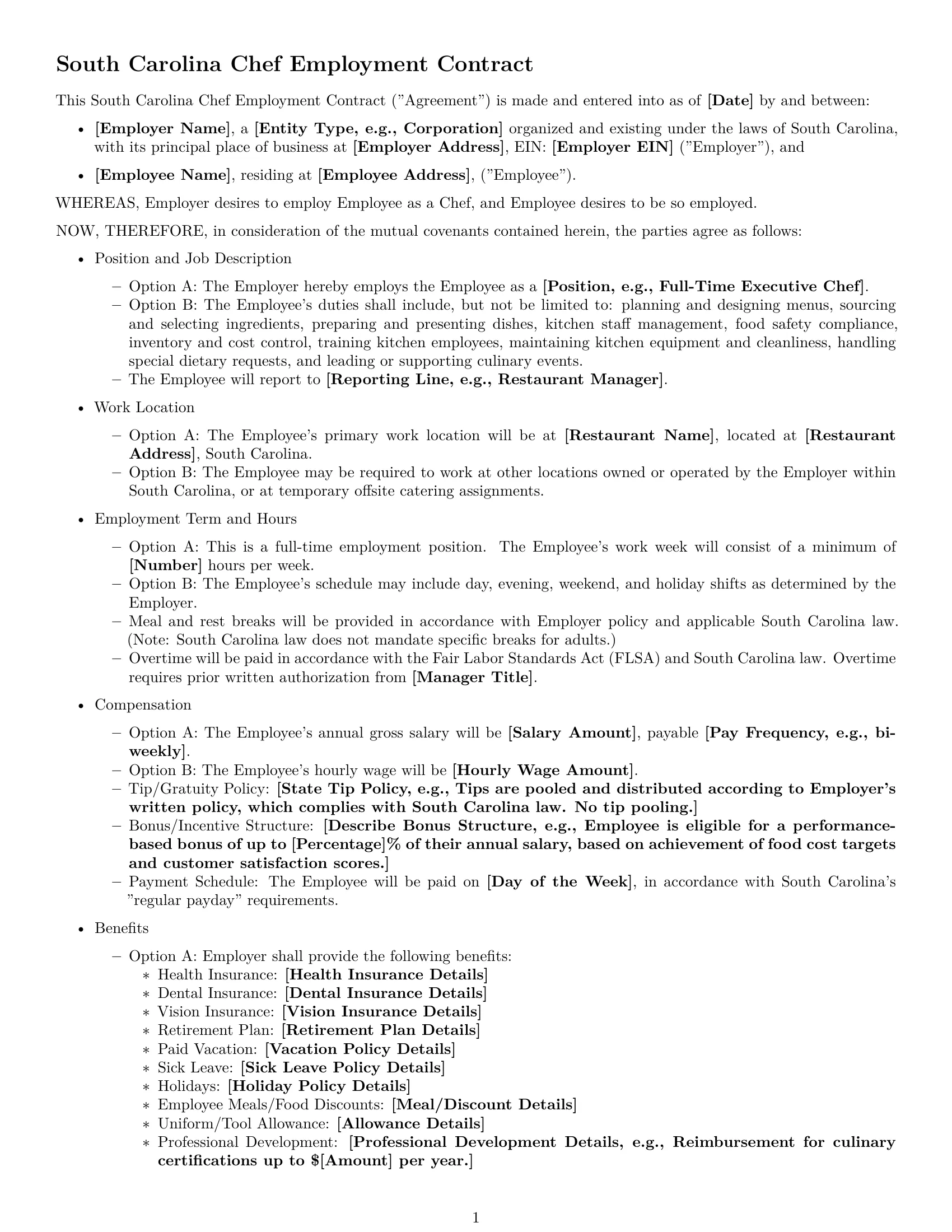 Preview page 1 of Free South Carolina chef employment contract template
