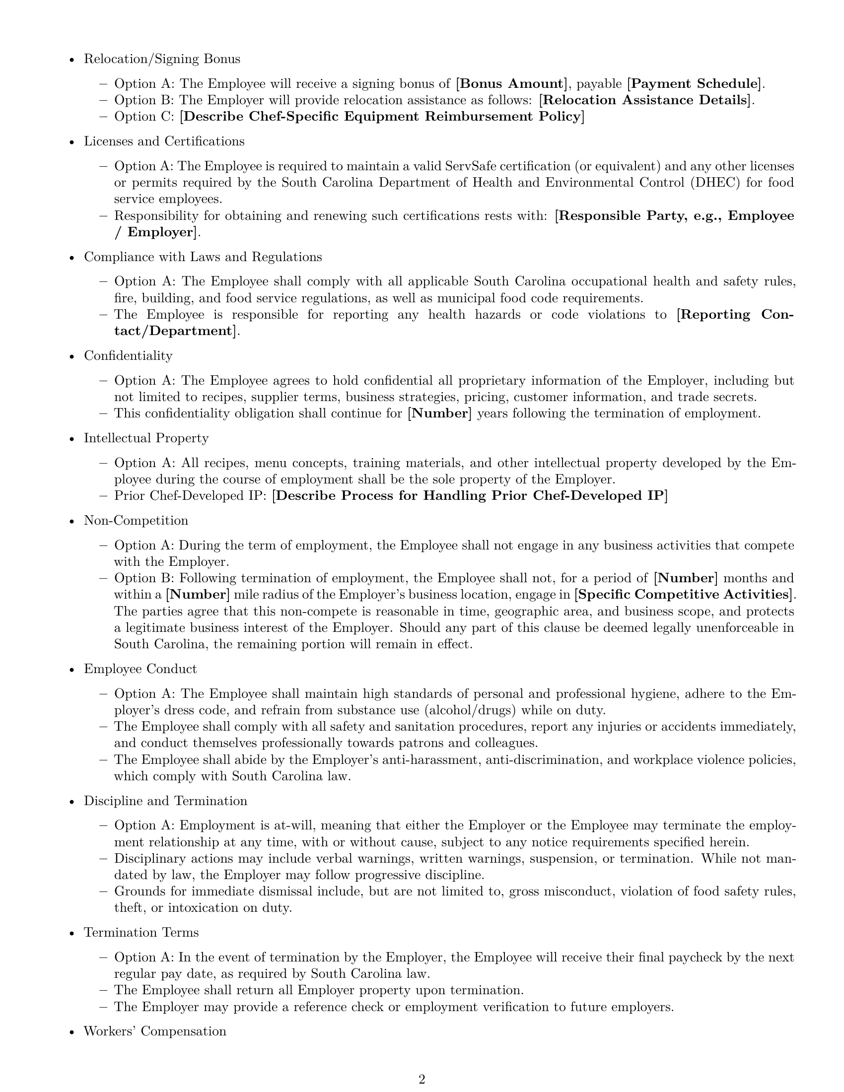 Preview page 2 of Free South Carolina chef employment contract template