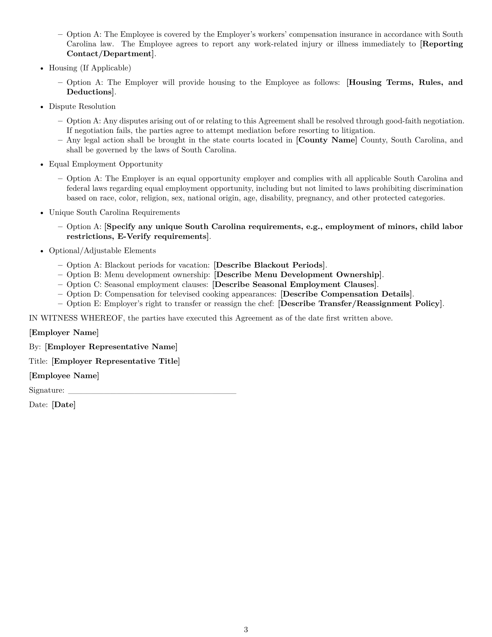 Preview page 3 of Free South Carolina chef employment contract template