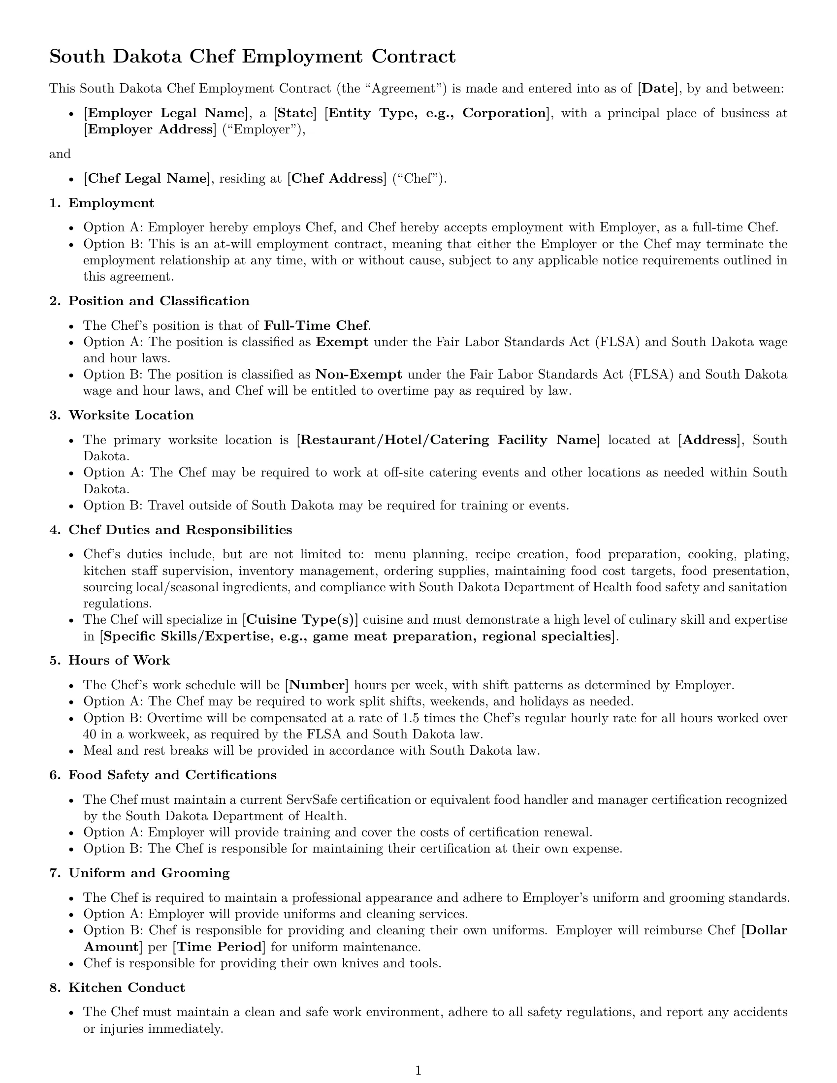 Preview page 1 of Free South Dakota chef employment contract template