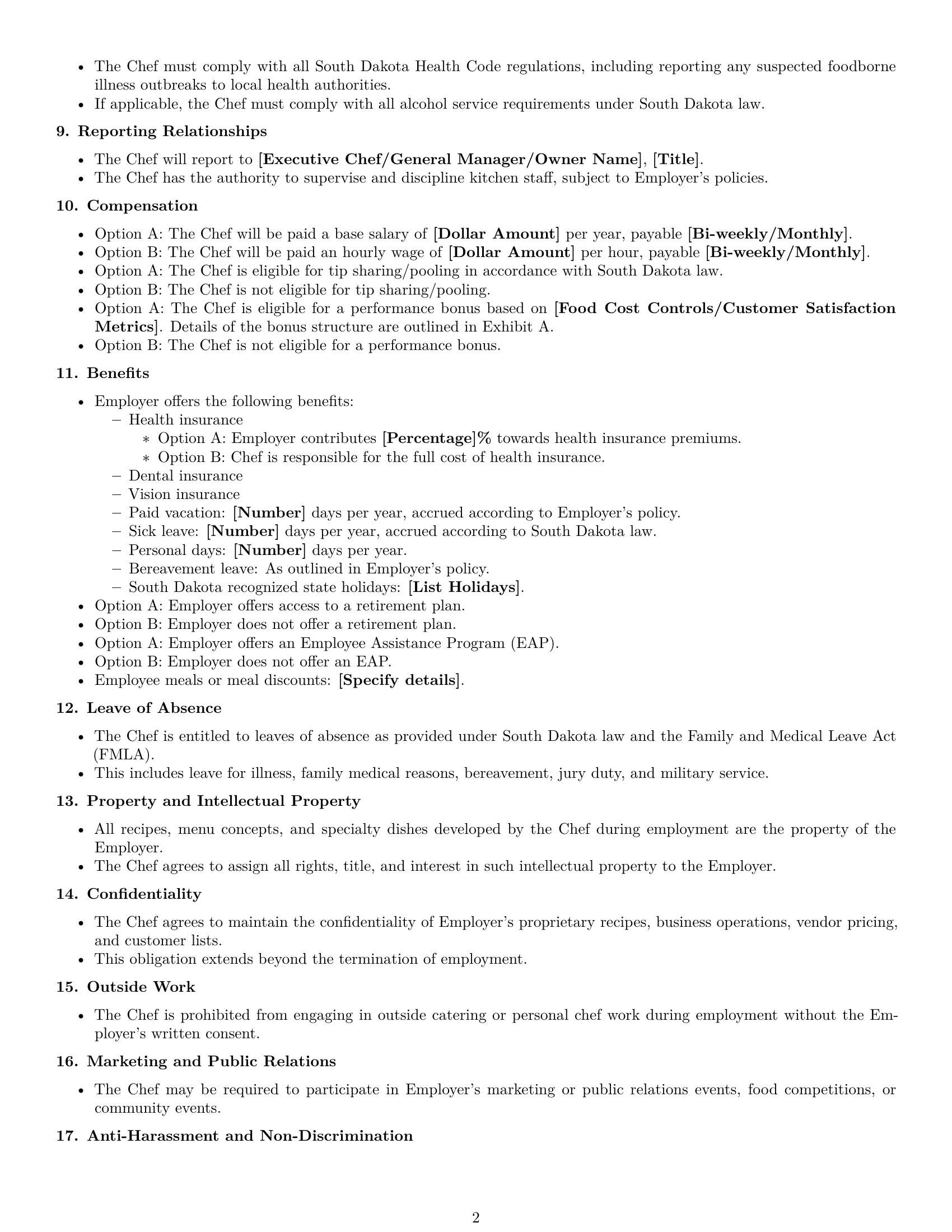 Preview page 2 of Free South Dakota chef employment contract template