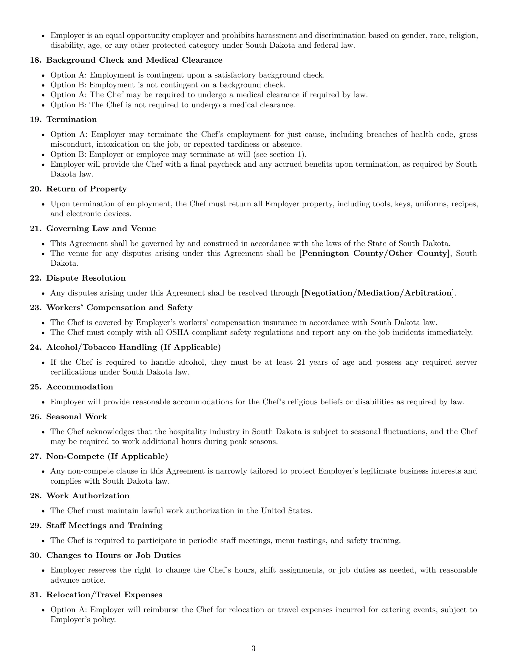 Preview page 3 of Free South Dakota chef employment contract template