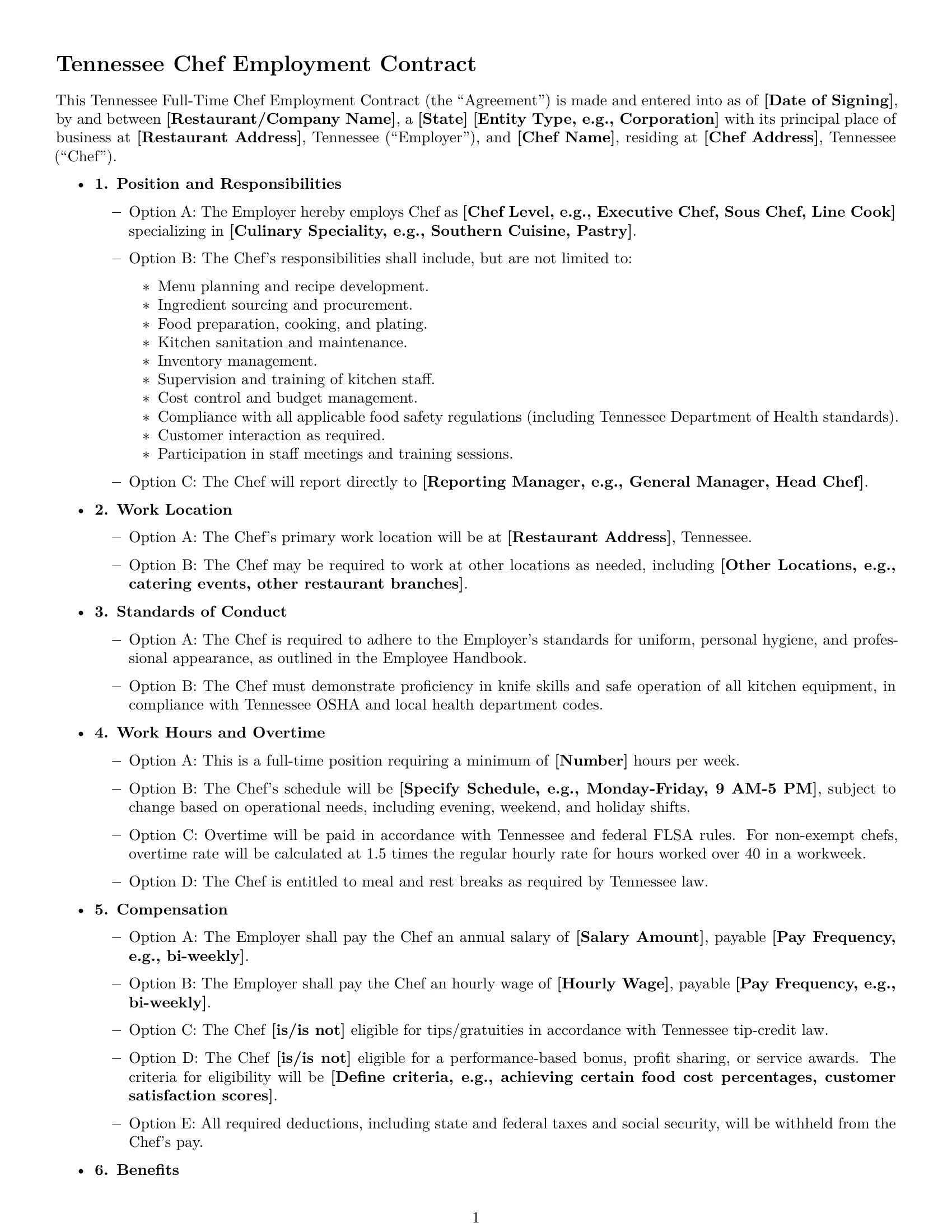 Preview page 1 of Free Tennessee chef employment contract template