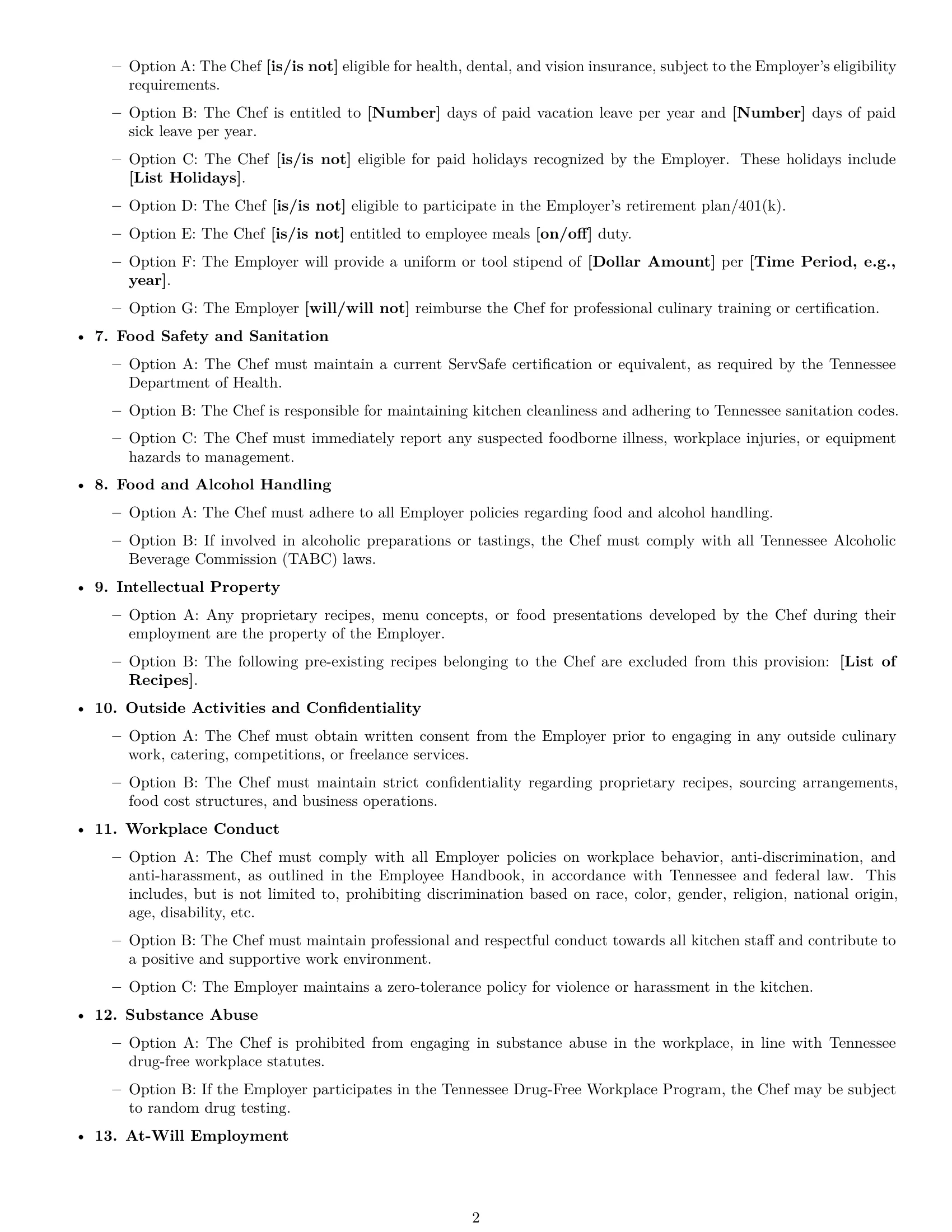 Preview page 2 of Free Tennessee chef employment contract template