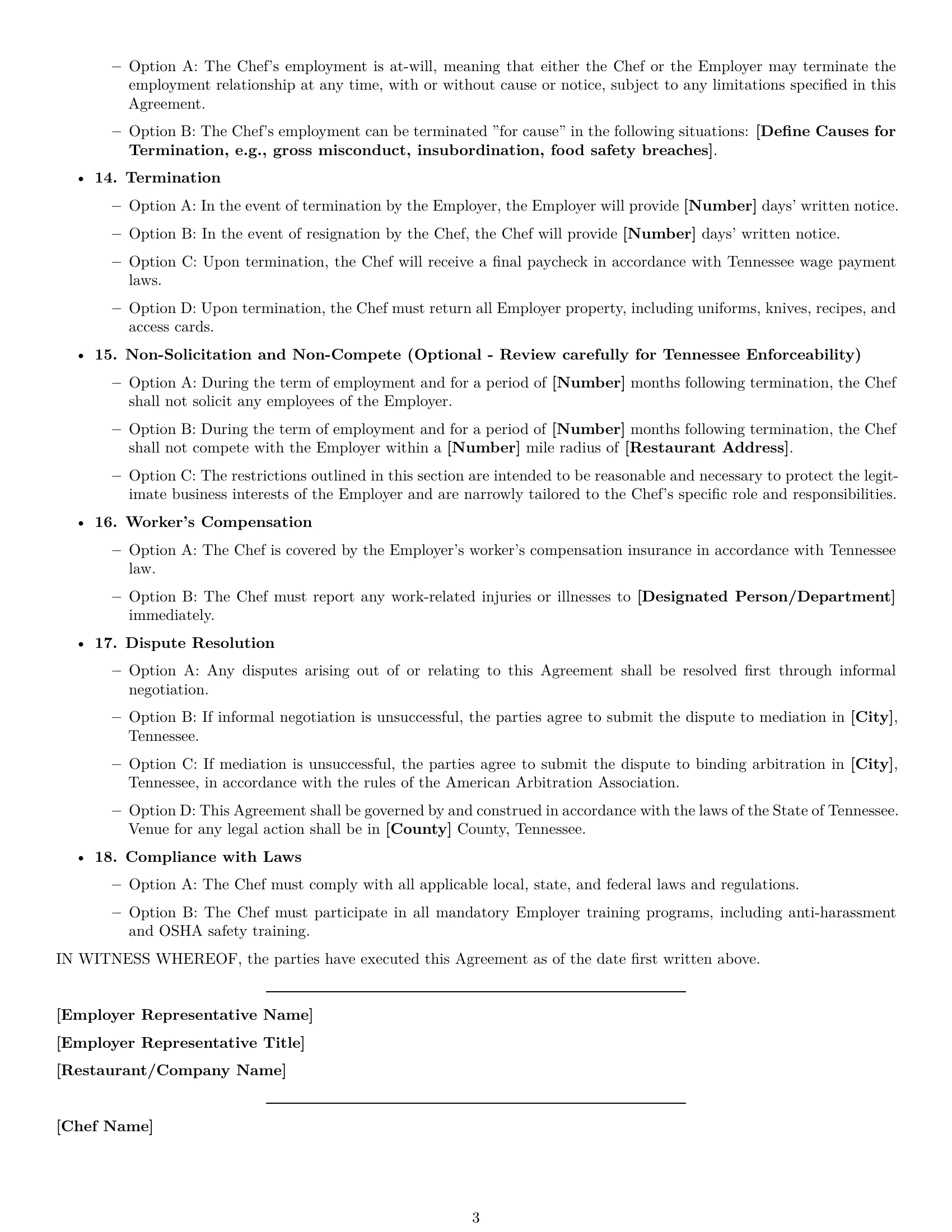 Preview page 3 of Free Tennessee chef employment contract template