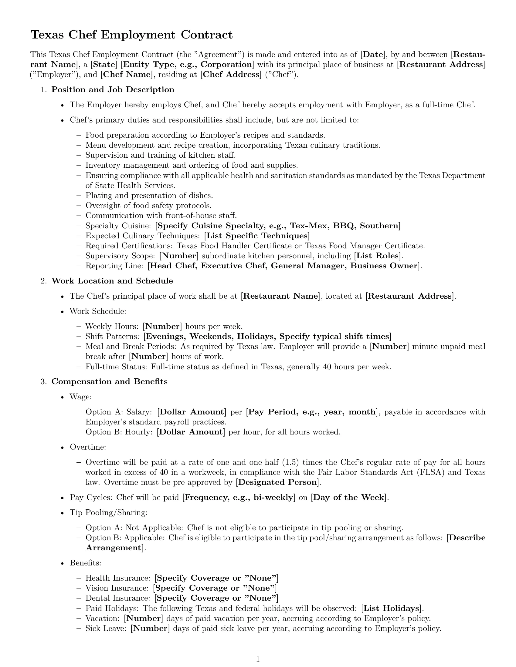 Preview page 1 of Free Texas chef employment contract template