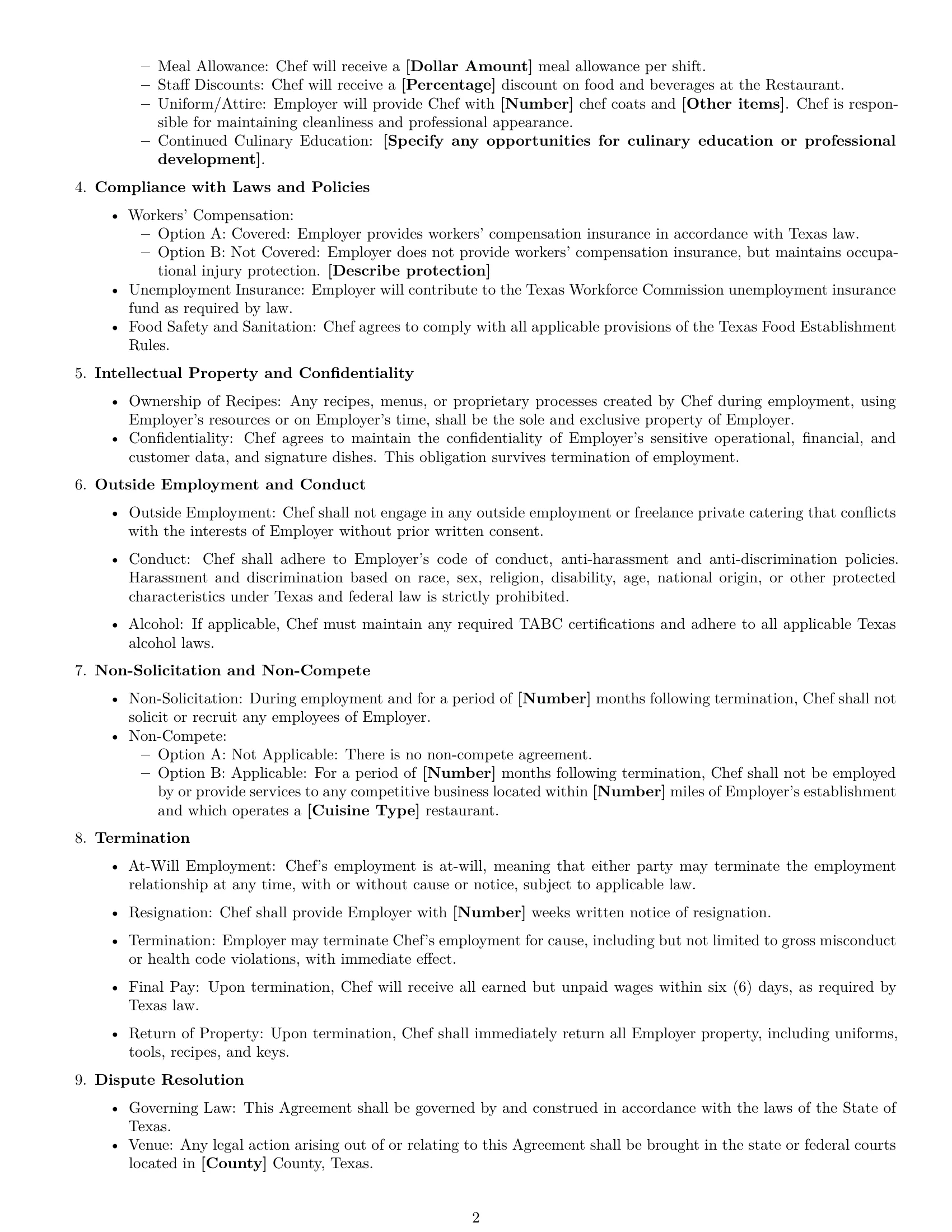 Preview page 2 of Free Texas chef employment contract template