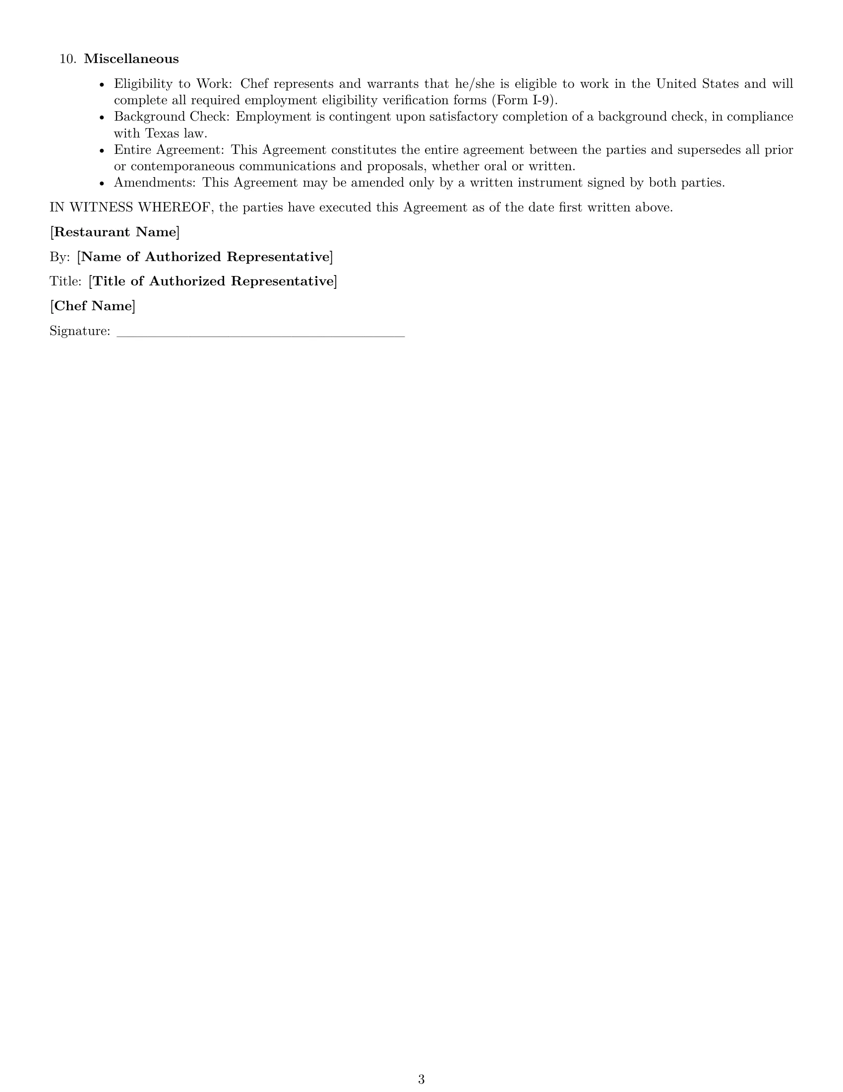 Preview page 3 of Free Texas chef employment contract template
