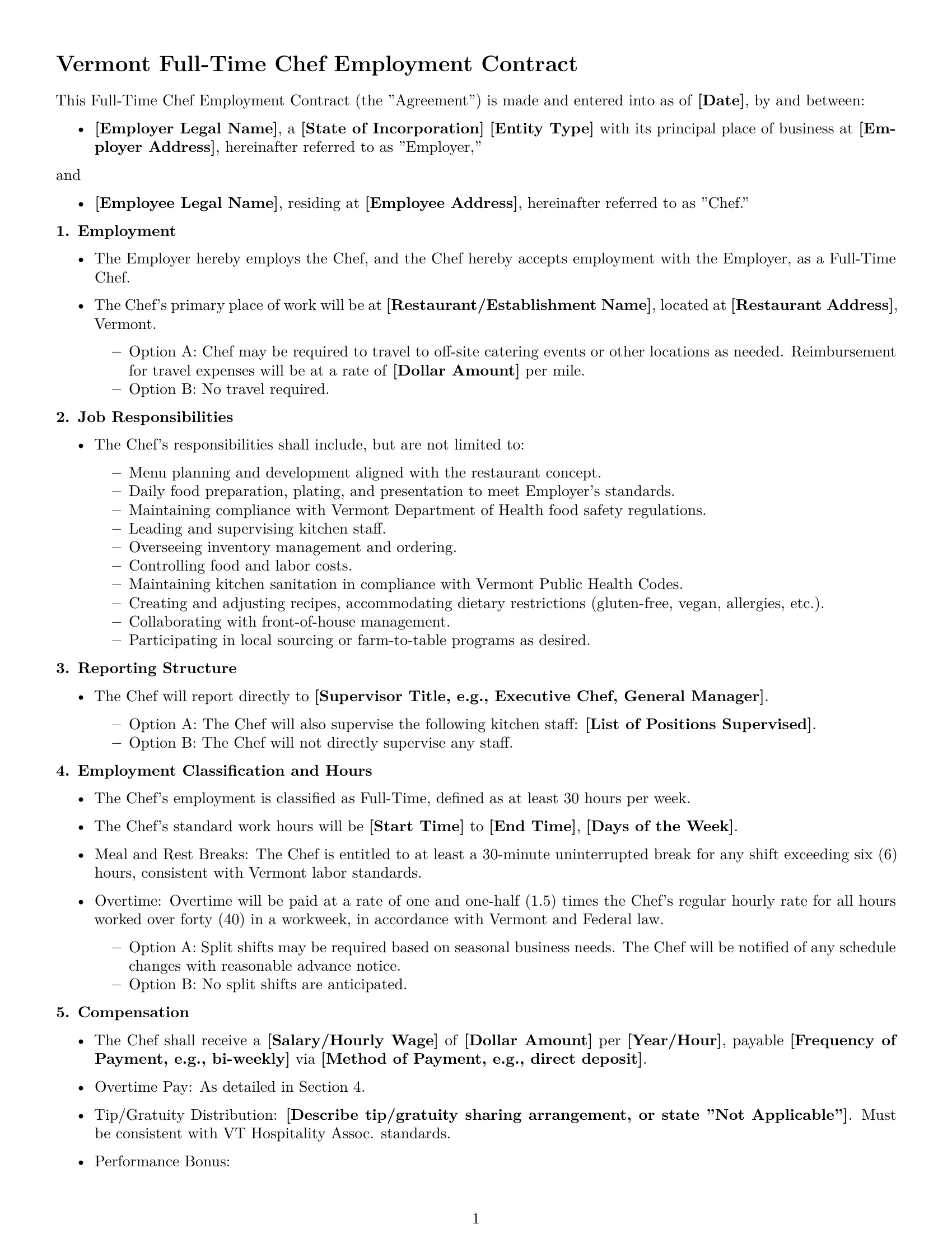 Preview page 1 of Free Vermont chef employment contract template