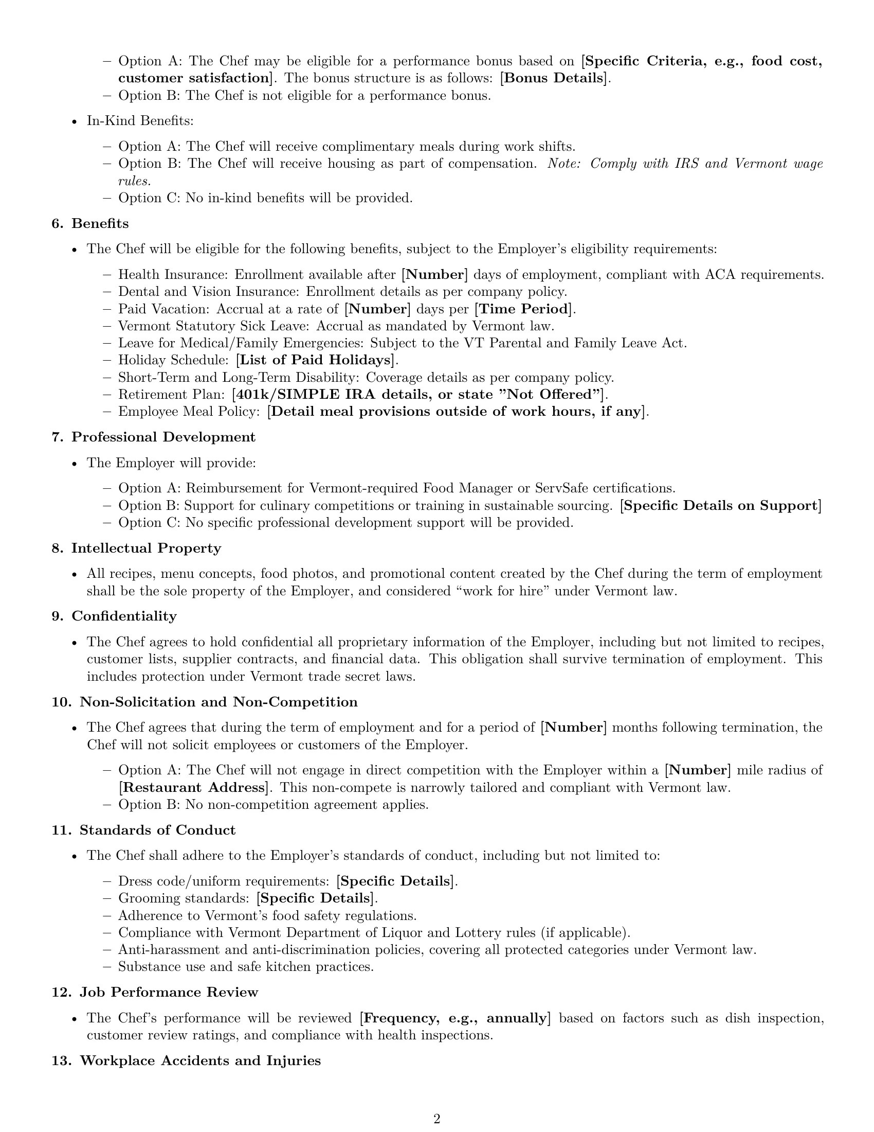 Preview page 2 of Free Vermont chef employment contract template