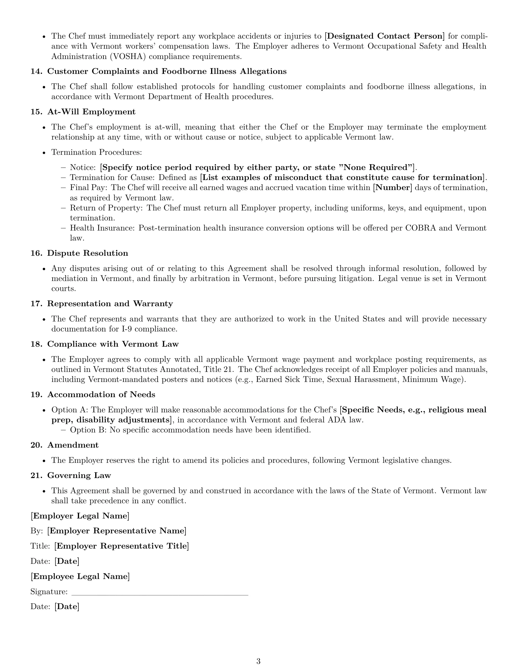 Preview page 3 of Free Vermont chef employment contract template