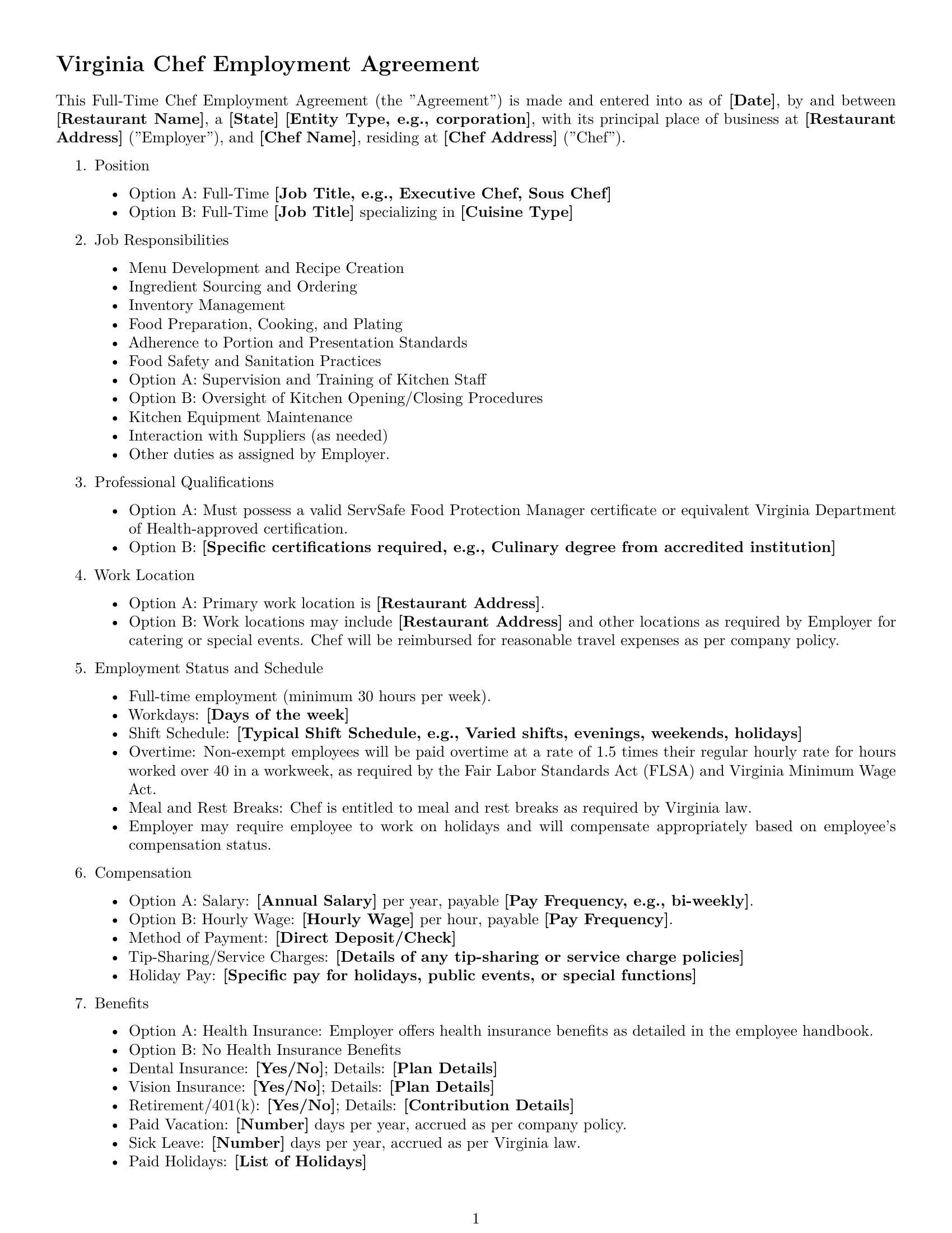 Preview page 1 of Free Virginia chef employment contract template