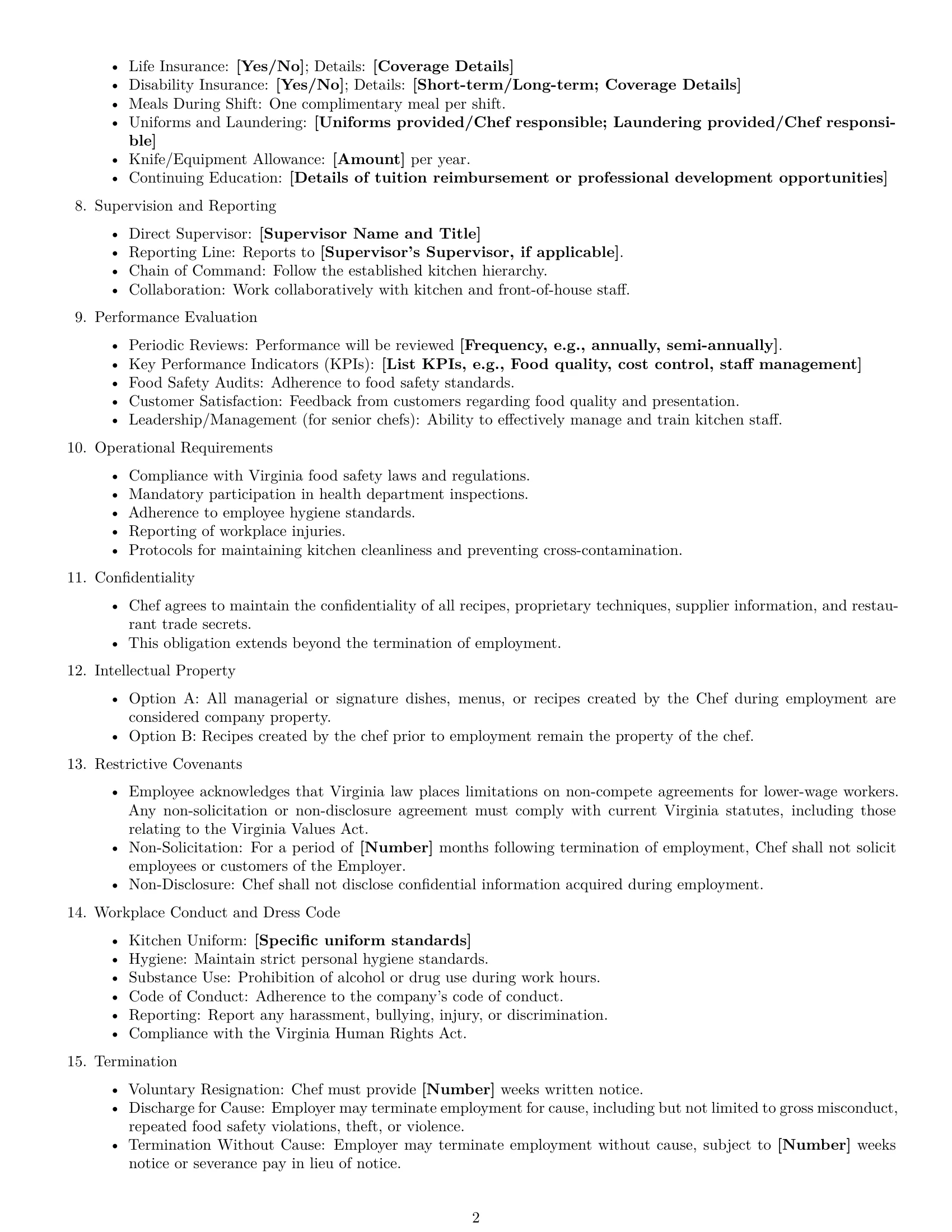 Preview page 2 of Free Virginia chef employment contract template