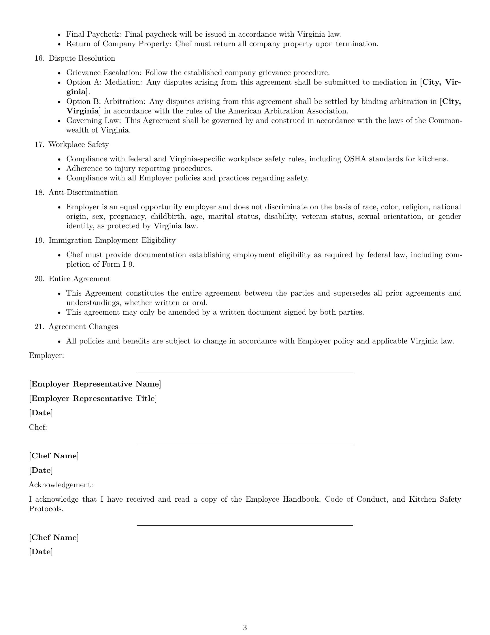 Preview page 3 of Free Virginia chef employment contract template