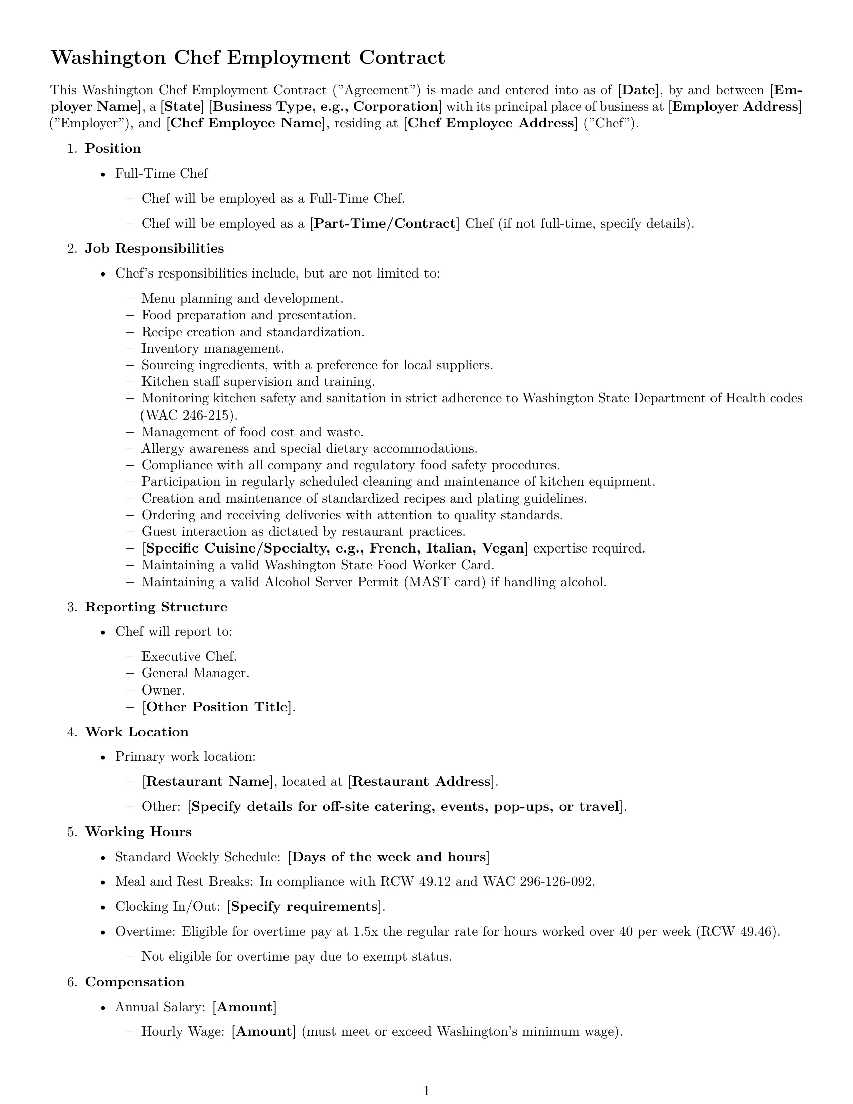 Preview page 1 of Free Washington chef employment contract template