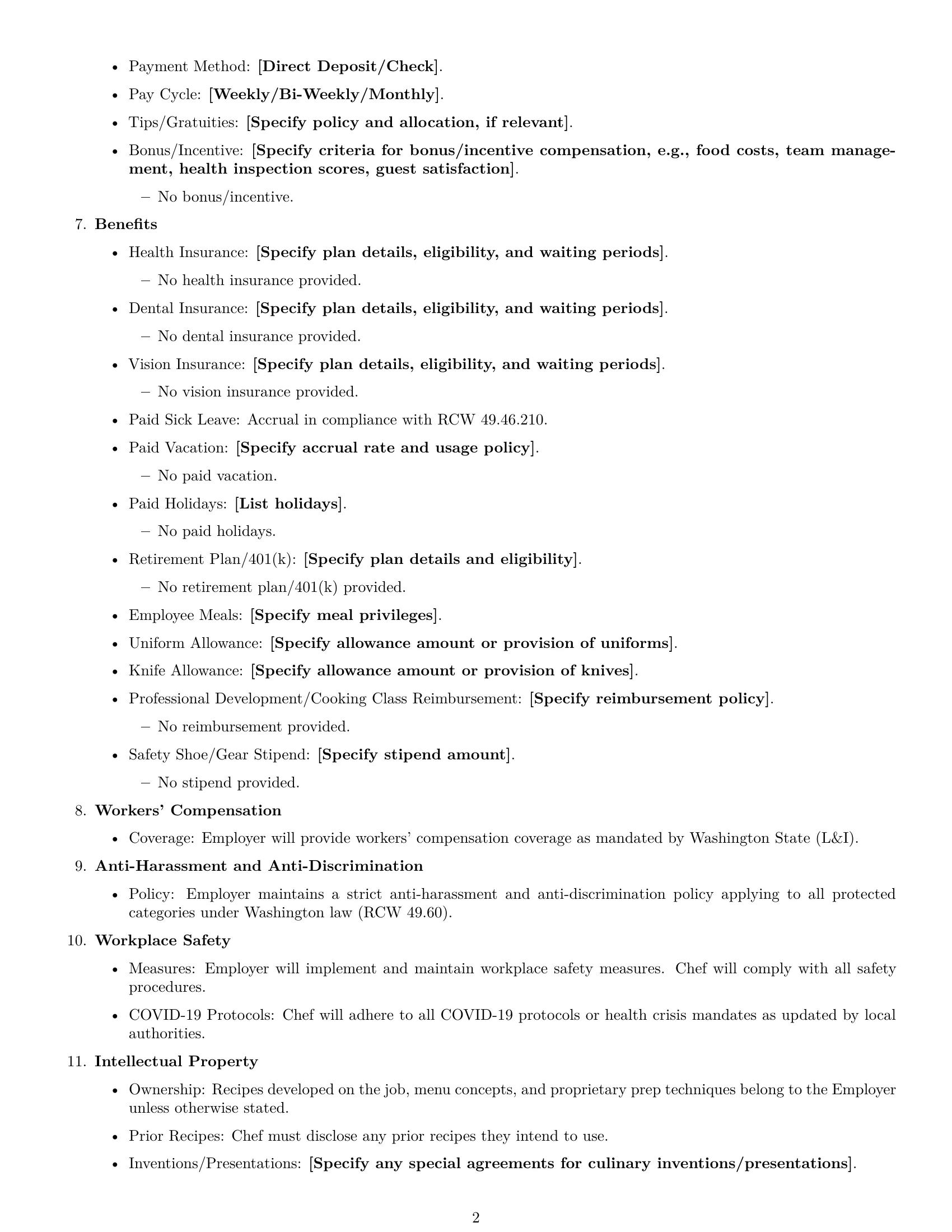 Preview page 2 of Free Washington chef employment contract template
