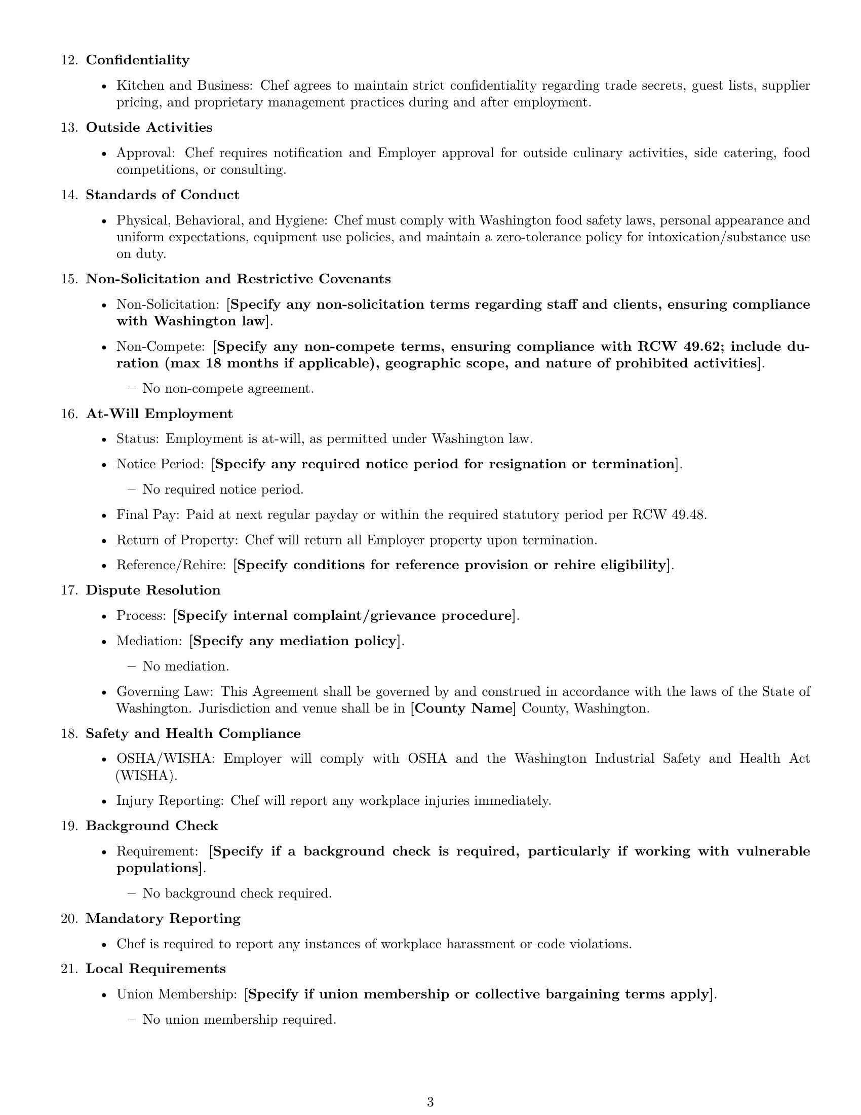 Preview page 3 of Free Washington chef employment contract template