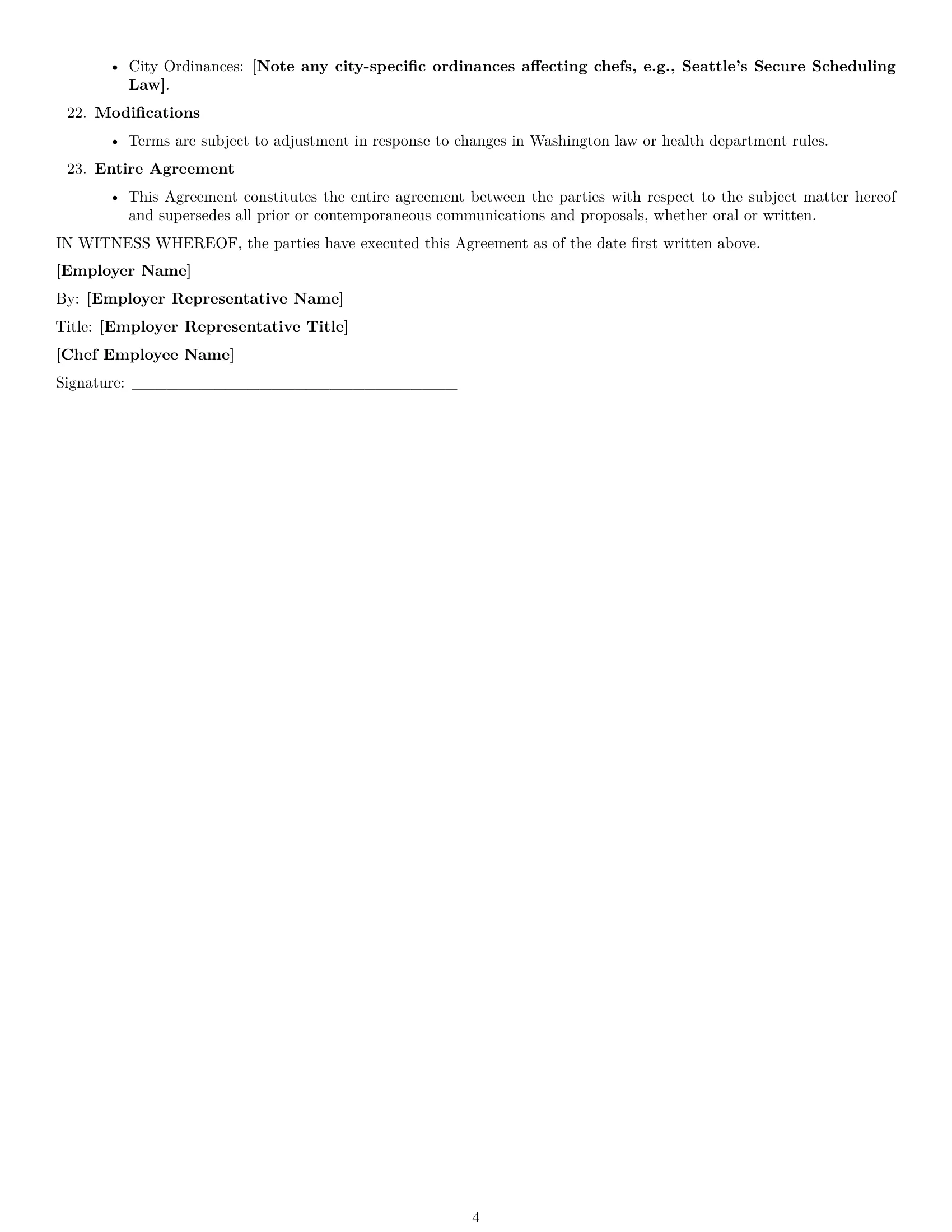 Preview page 4 of Free Washington chef employment contract template