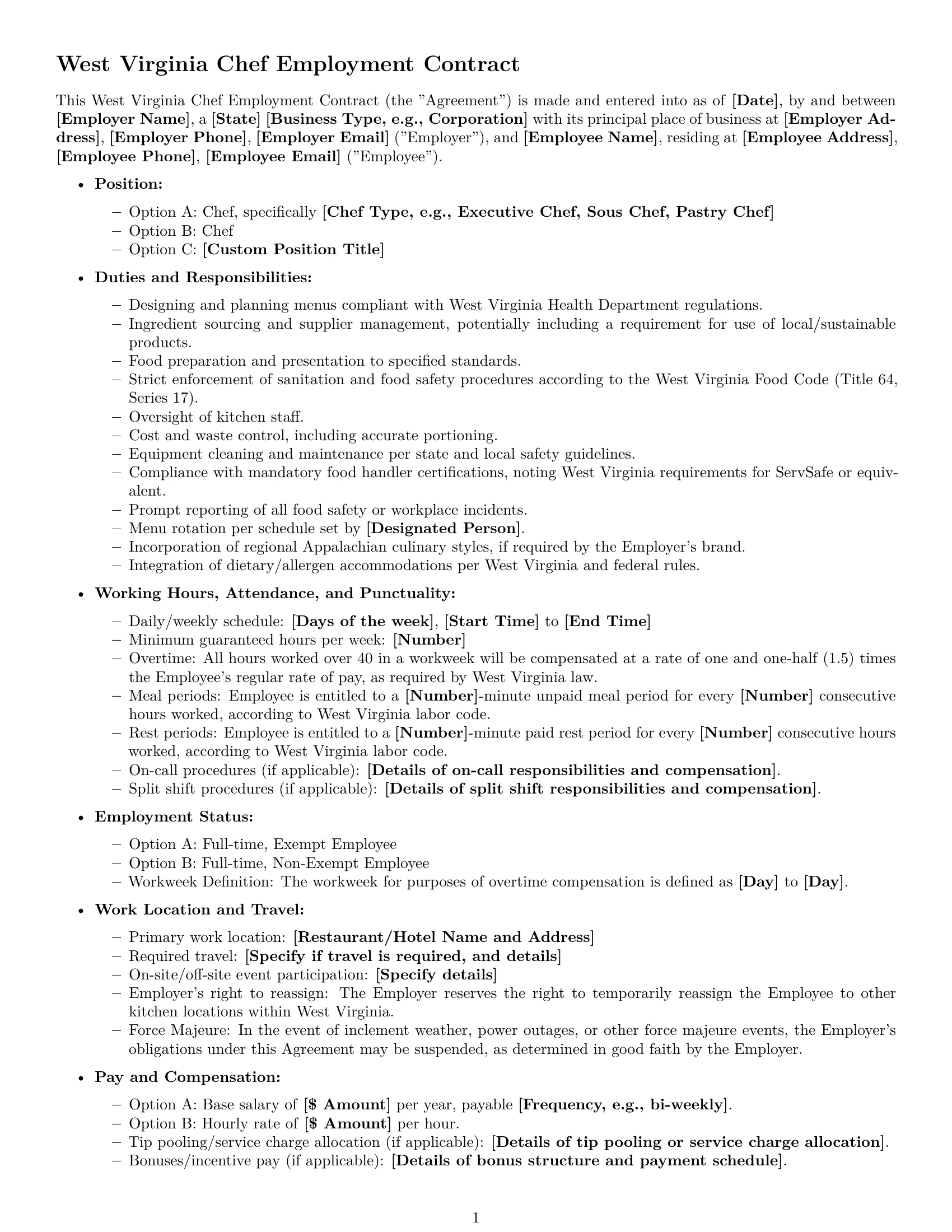 Preview page 1 of Free West Virginia chef employment contract template