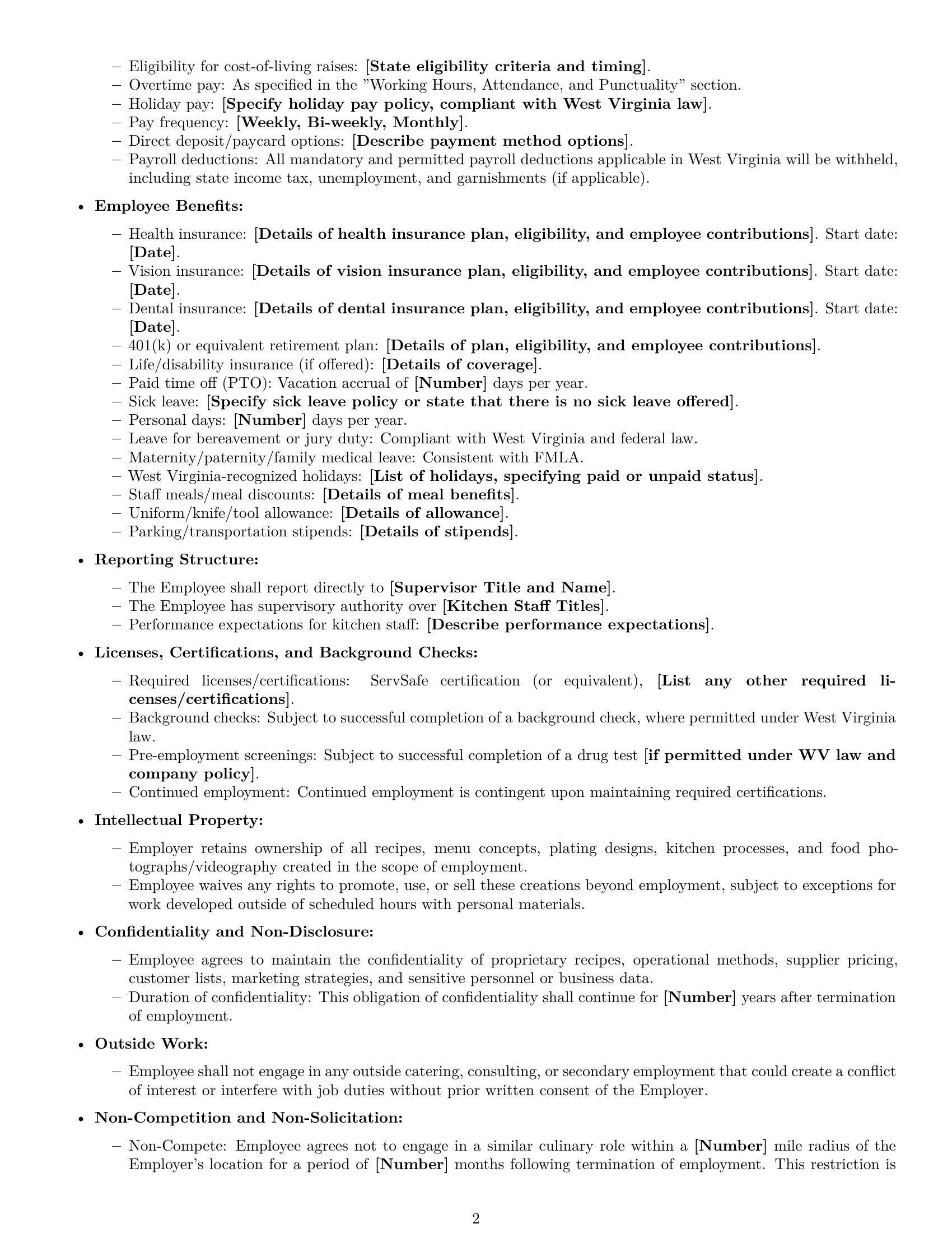 Preview page 2 of Free West Virginia chef employment contract template