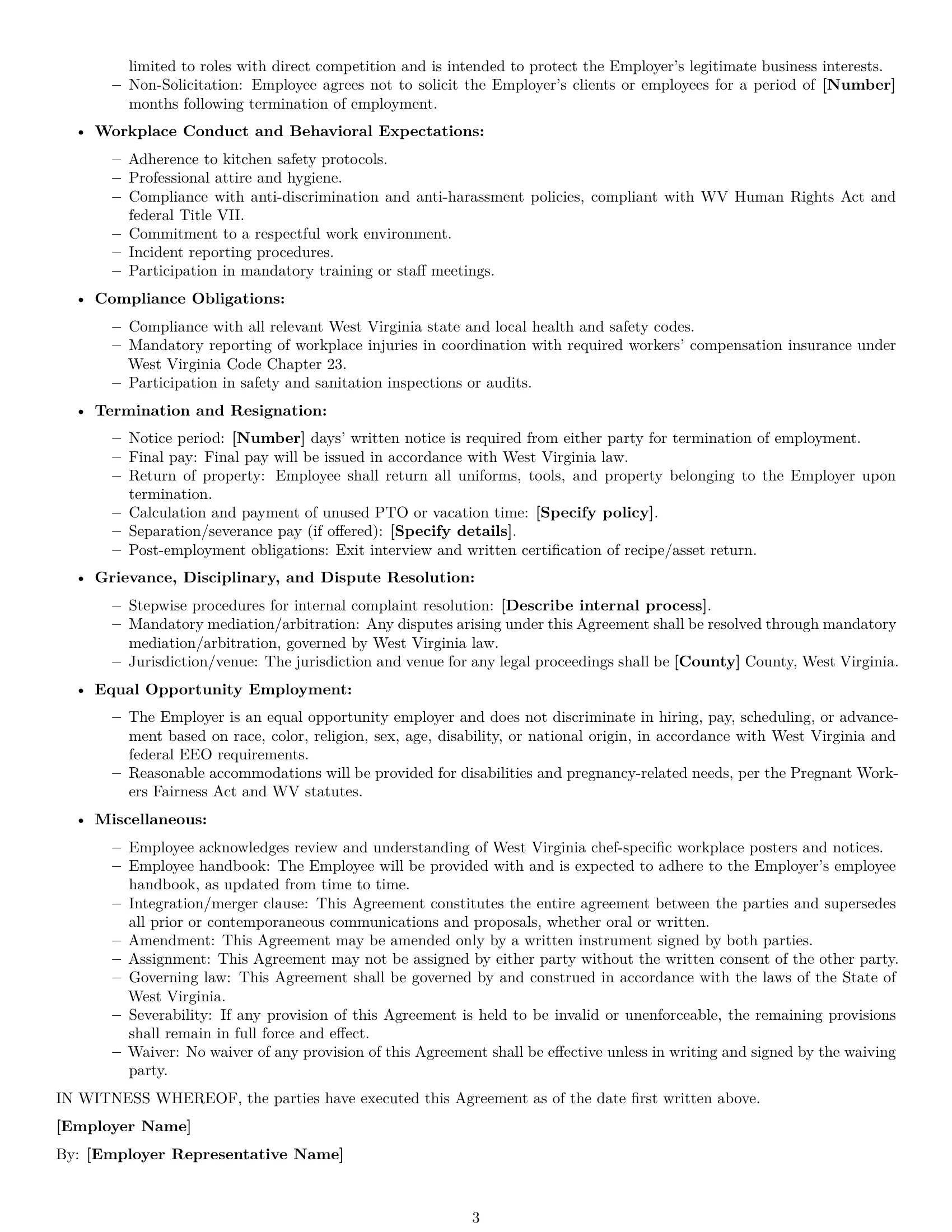 Preview page 3 of Free West Virginia chef employment contract template