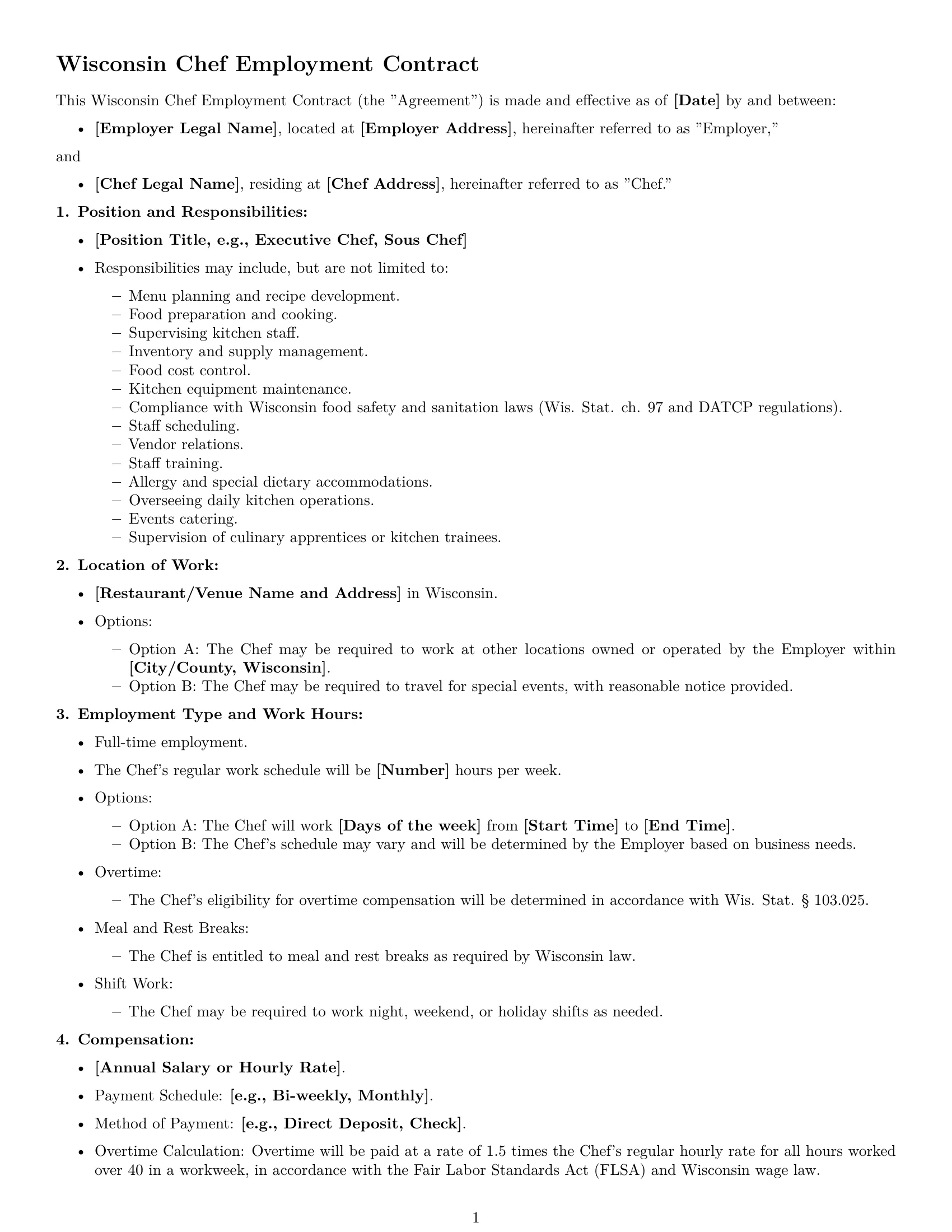 Preview page 1 of Free Wisconsin chef employment contract template