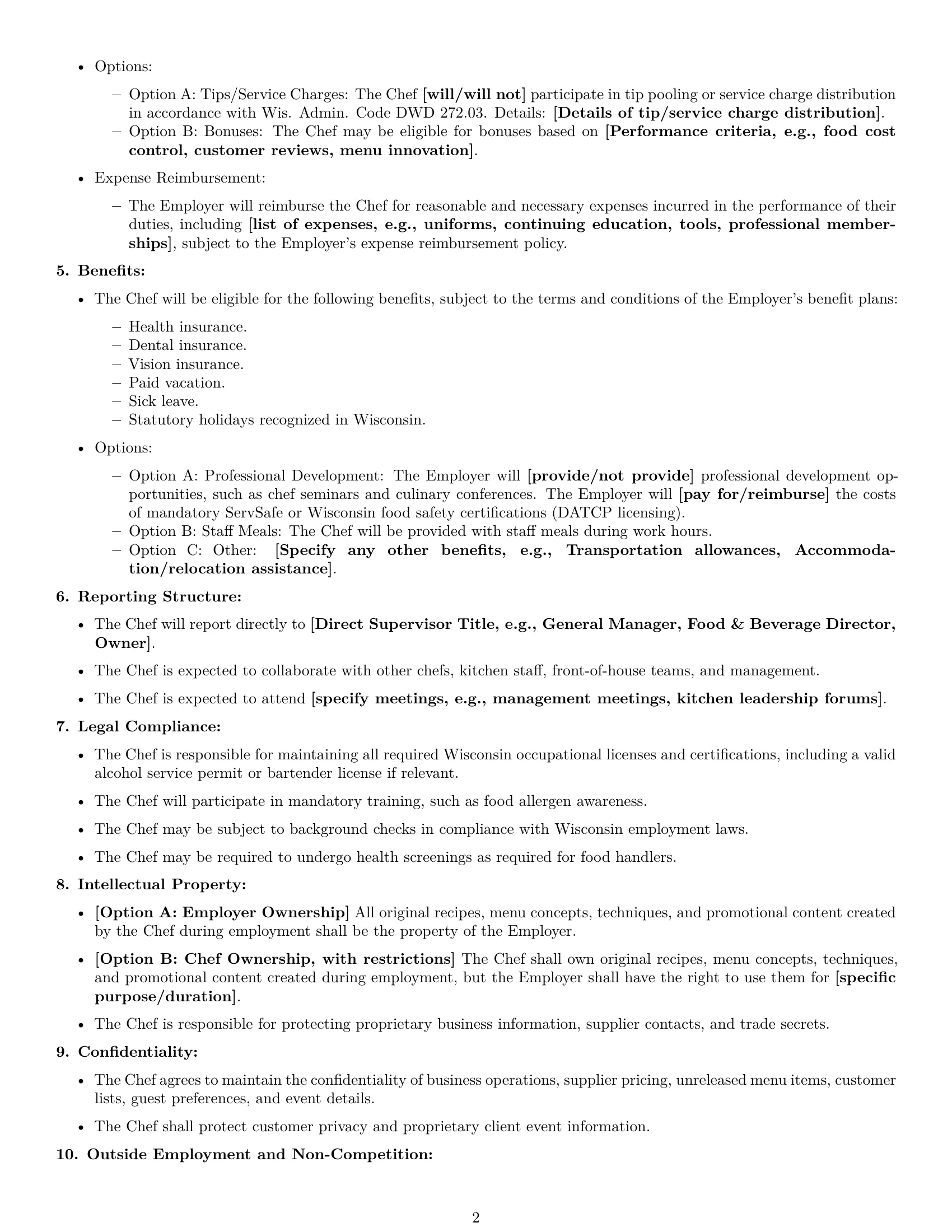 Preview page 2 of Free Wisconsin chef employment contract template