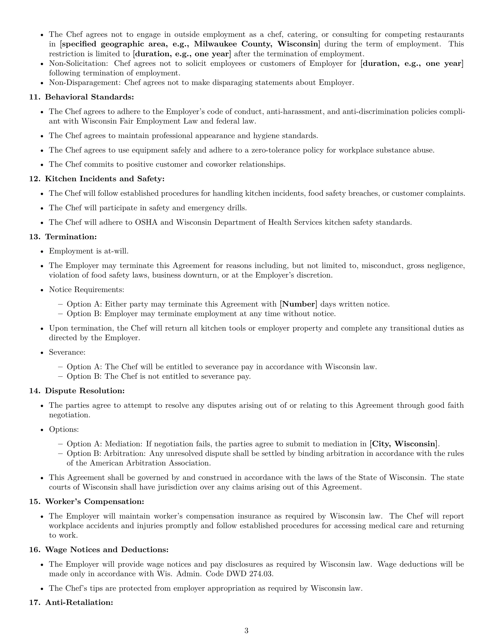 Preview page 3 of Free Wisconsin chef employment contract template