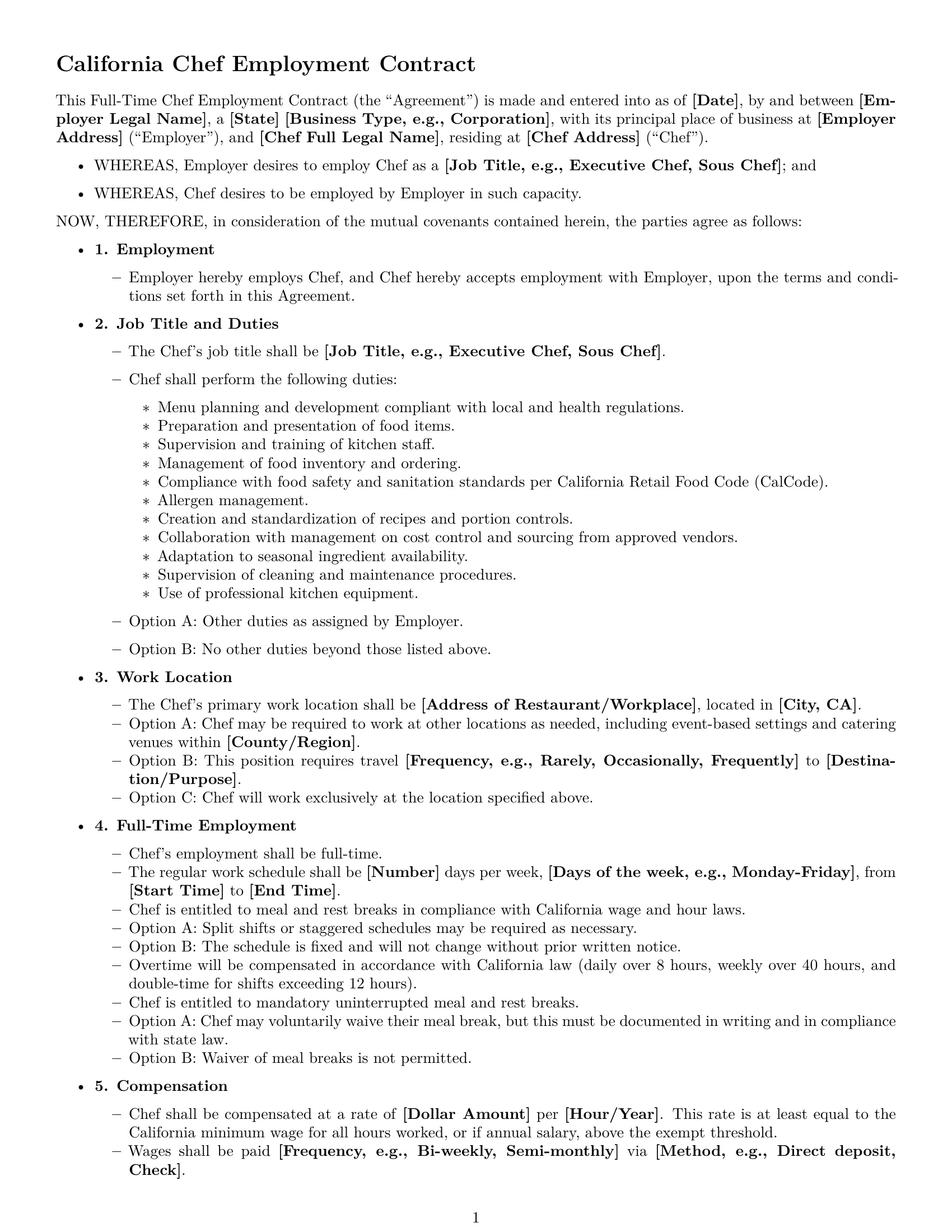 Preview page 1 of Free California chef employment contract template