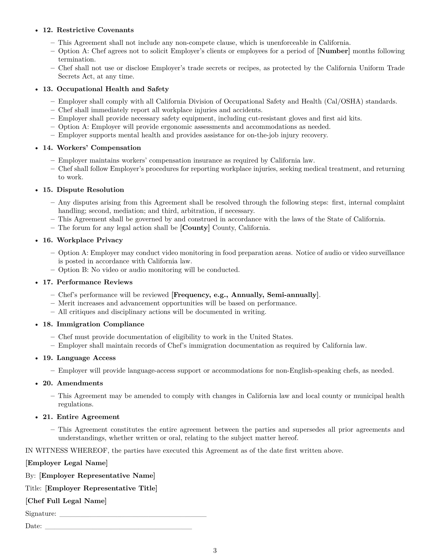 Preview page 3 of Free California chef employment contract template