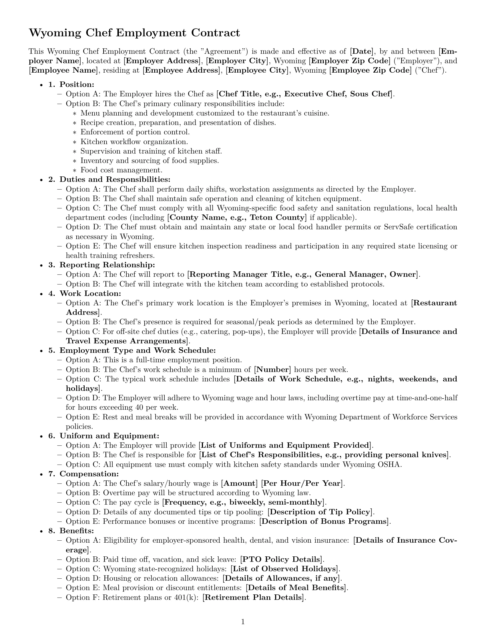 Preview page 1 of Free Wyoming chef employment contract template